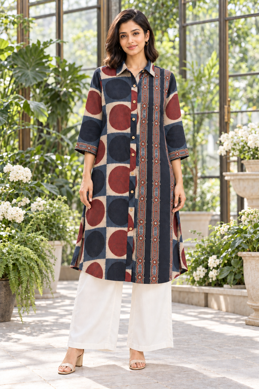 Indraneel Placement Ajrakh Cotton Dobby Shirt Dress