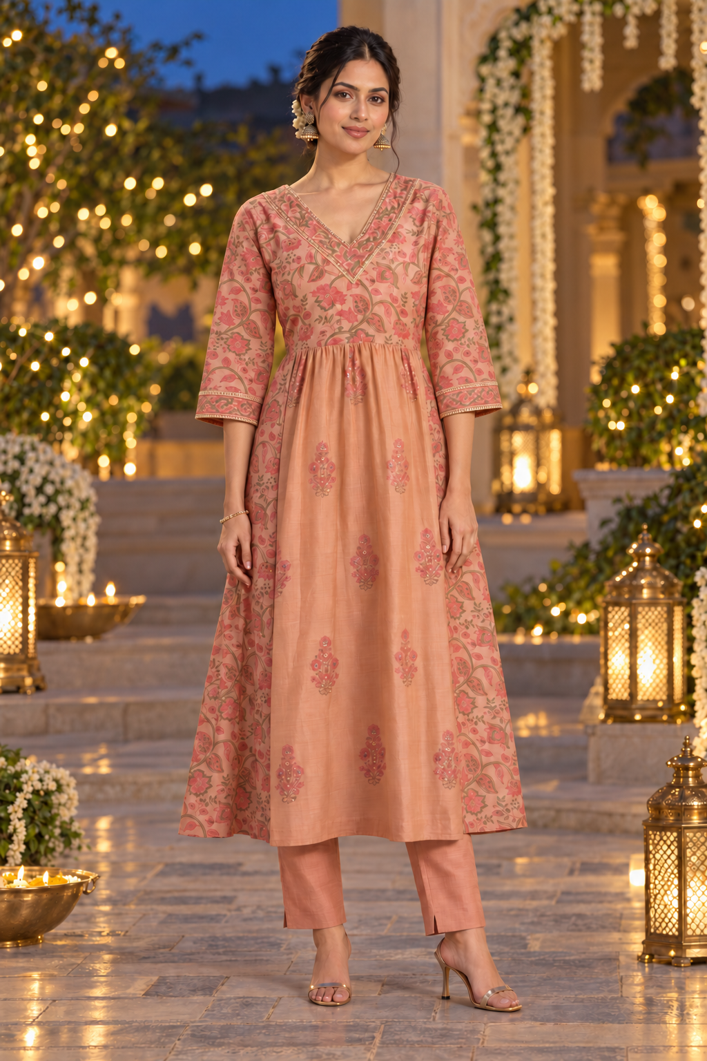 Rust Rose Chanderi Kurta Pant Set with Hand Block Print & Adda Embroidery