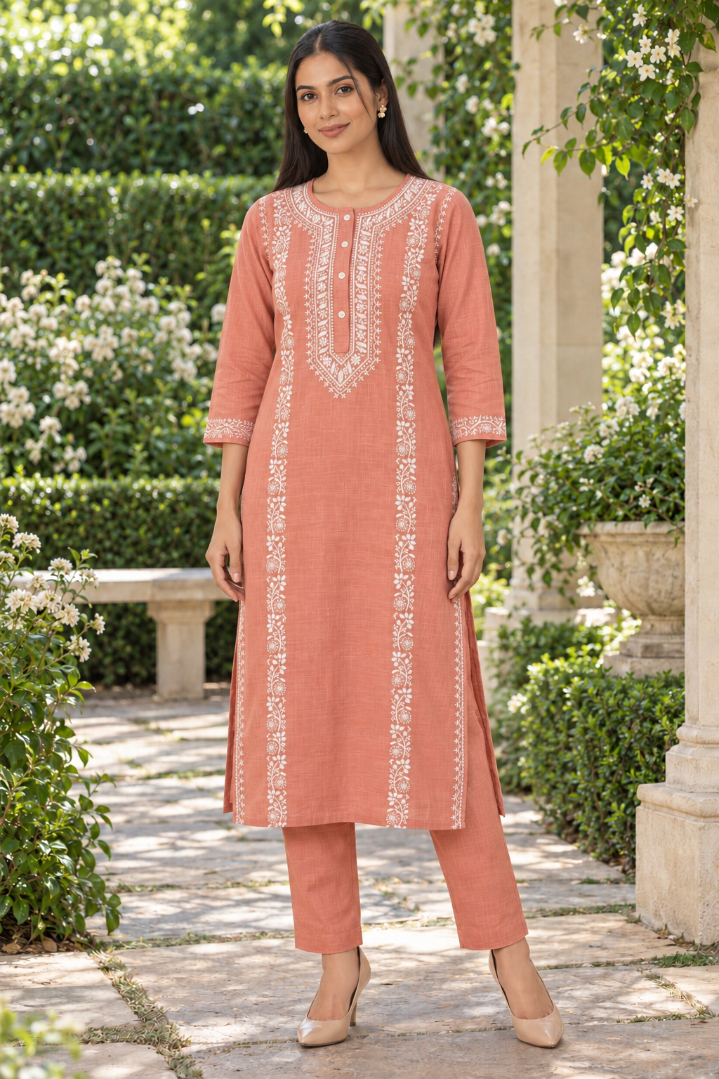 Peach Noor Hand Chikankari Cotton Slub Kurta Set