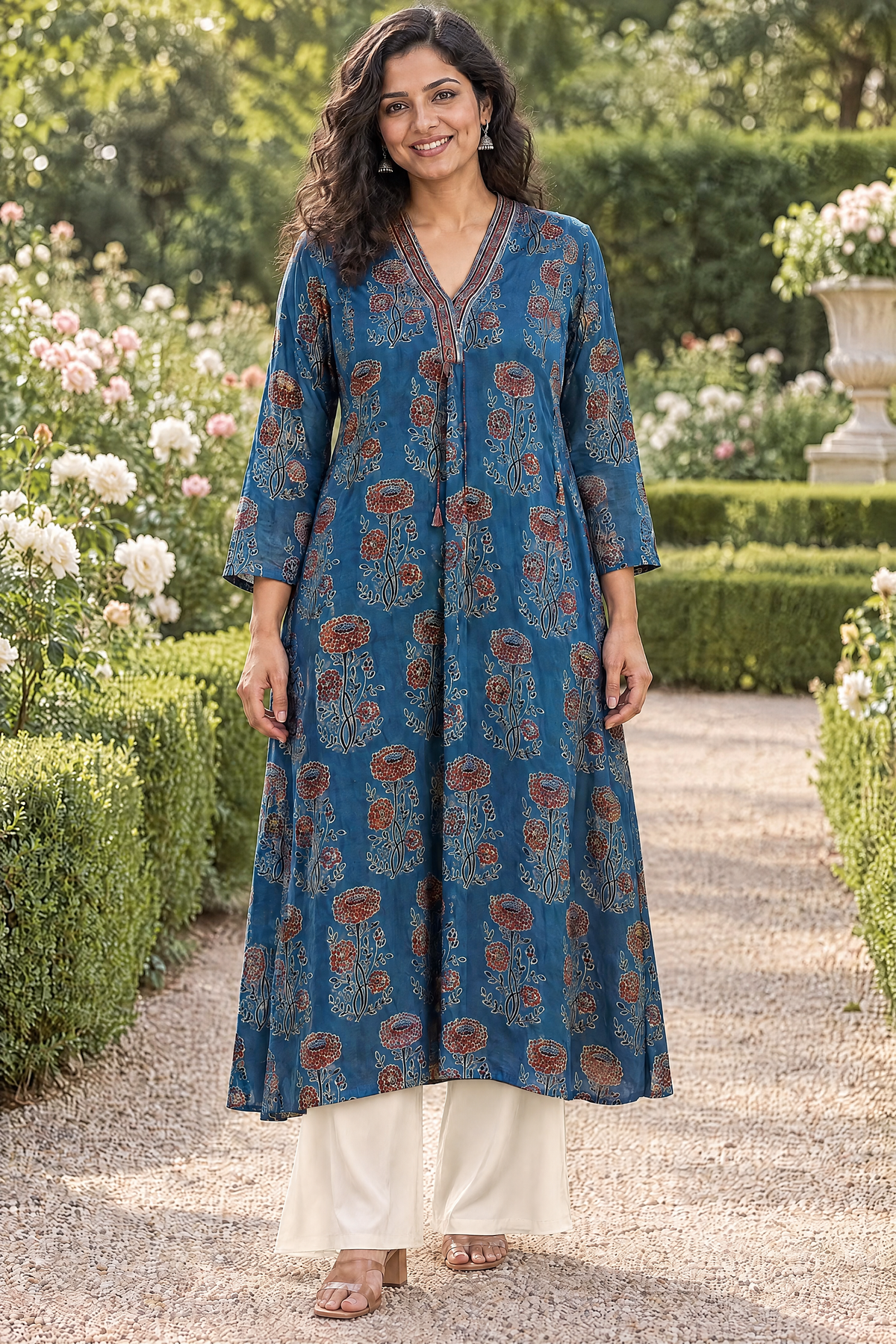 Blue Hand Ajrakh Print Kurta in Modal Satin