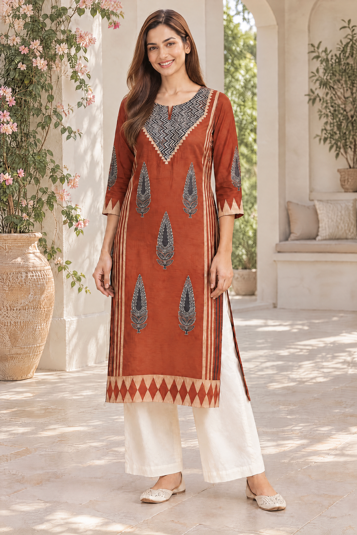 Rust Veena Ajrakh Modal Kurta