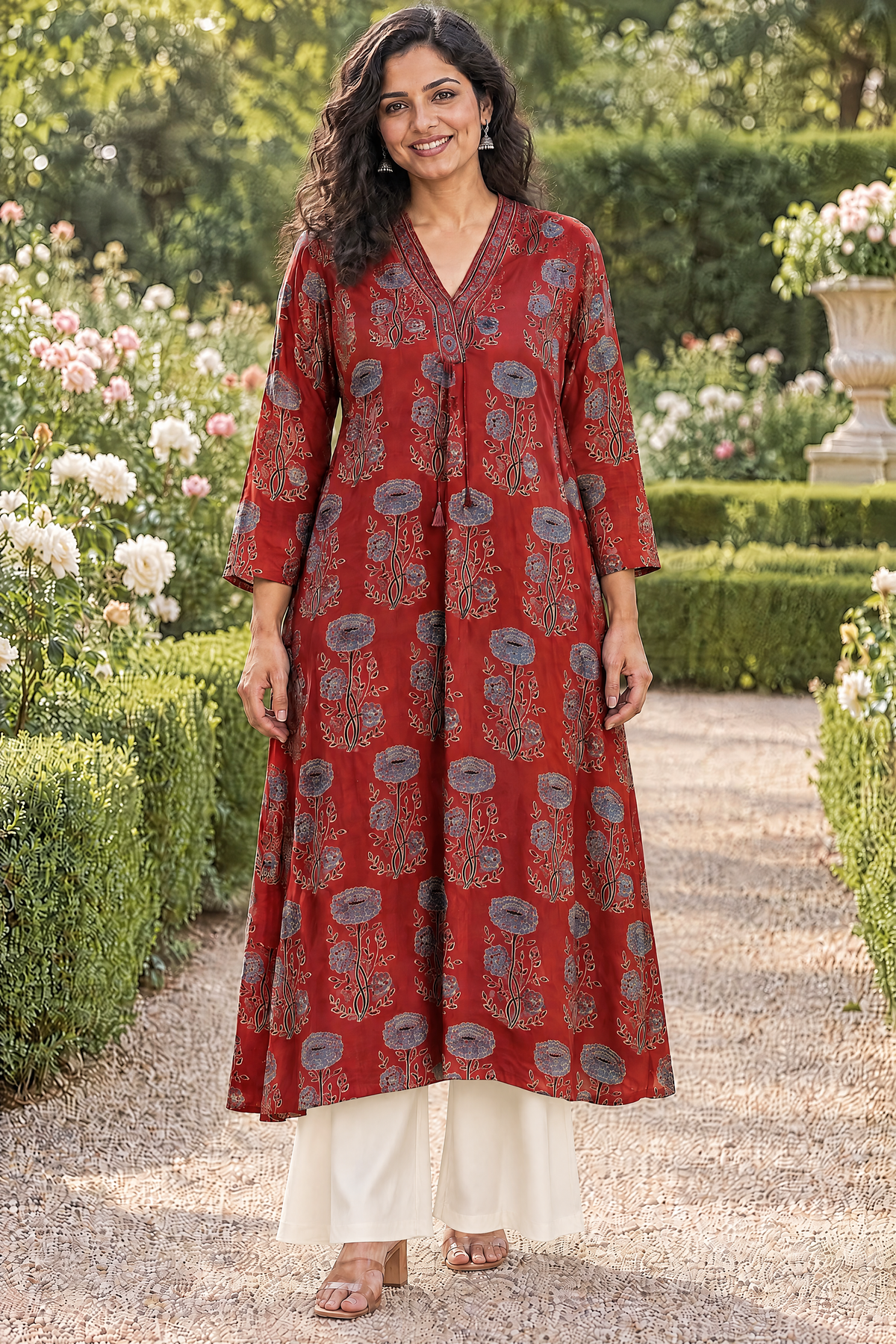 Rust Red Hand Ajrakh Print Kurta in Modal Satin