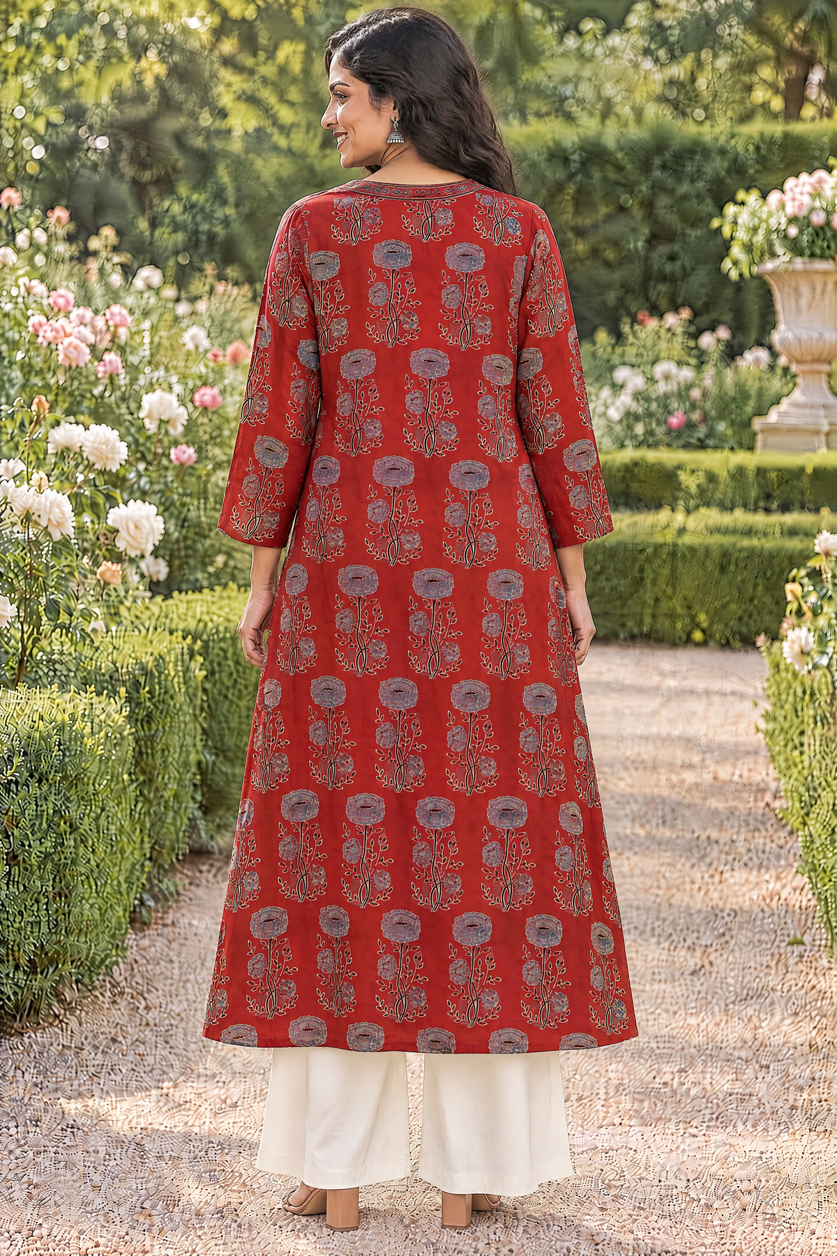Rust Red Hand Ajrakh Print Kurta in Modal Satin
