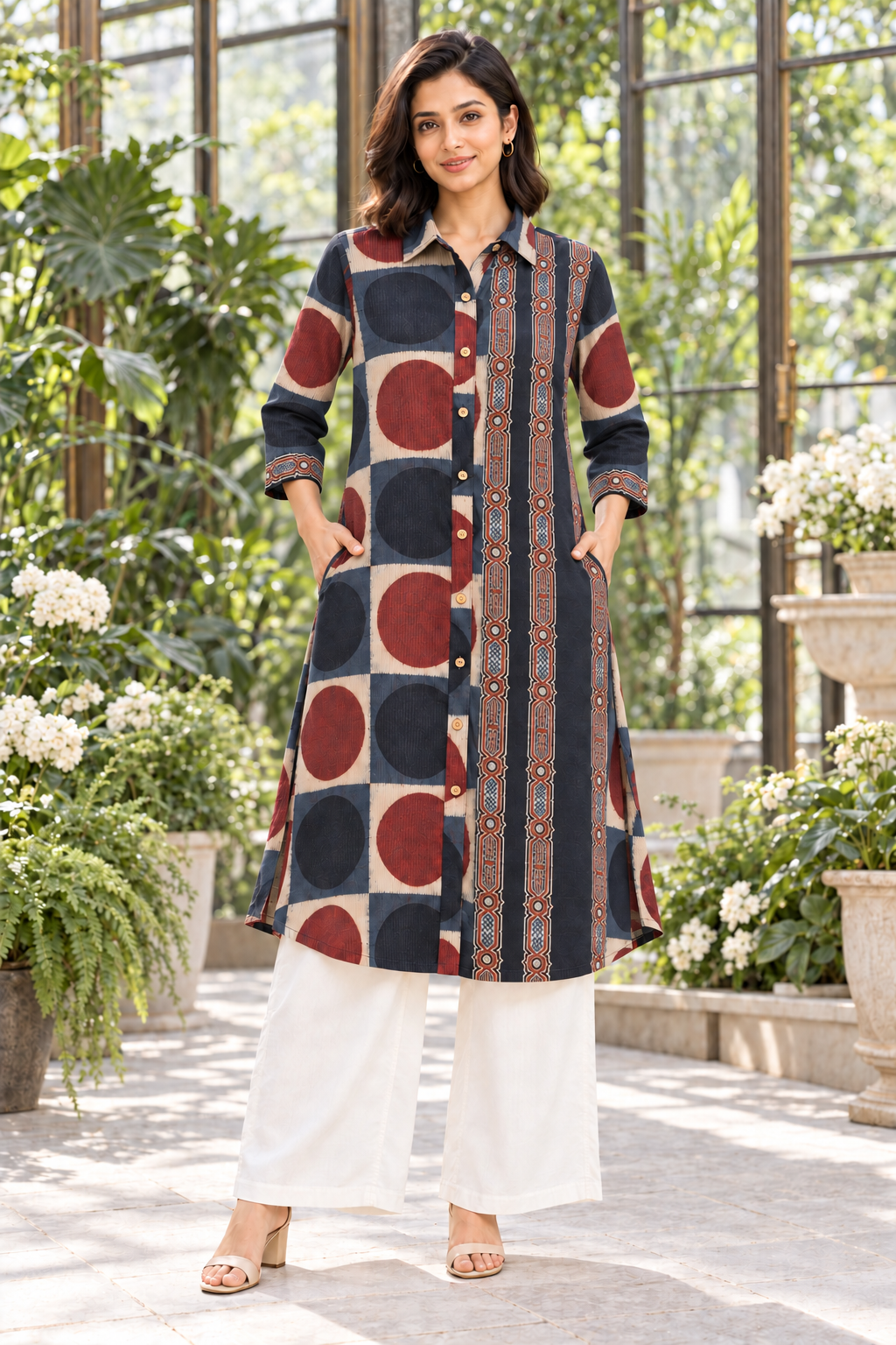 Indraneel Placement Ajrakh Cotton Dobby Shirt Dress