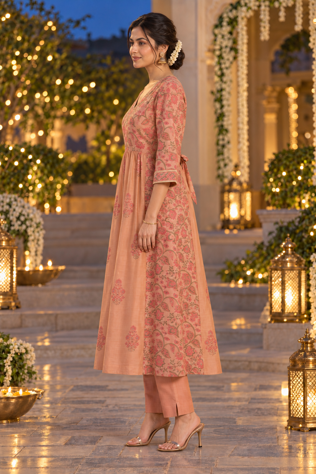 Rust Rose Chanderi Kurta Pant Set with Hand Block Print & Adda Embroidery