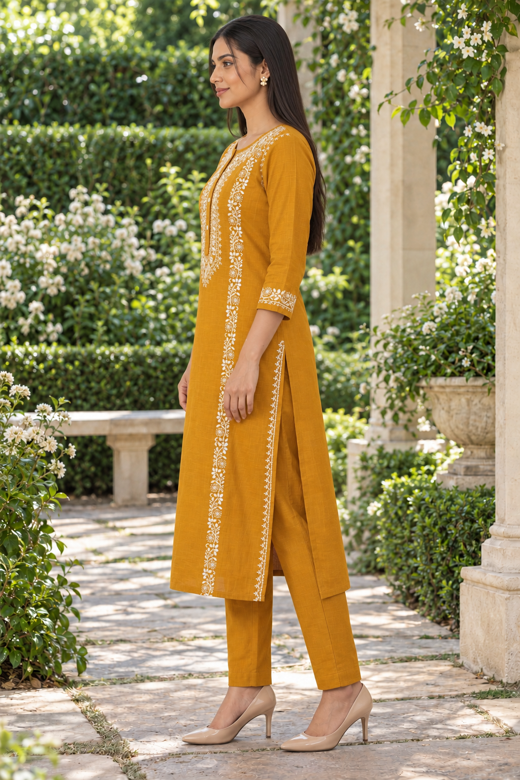 Mustard Zariya Hand Chikankari Cotton Slub Kurta Set