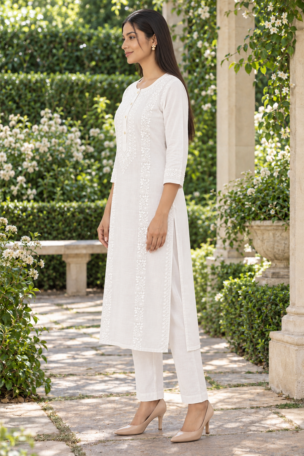 White Cotton Slub Kurta Set with Hand Chikan Embroidery