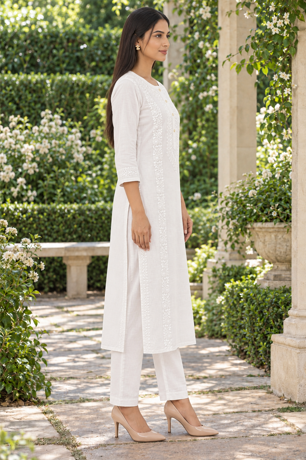 White Cotton Slub Kurta Set with Hand Chikan Embroidery