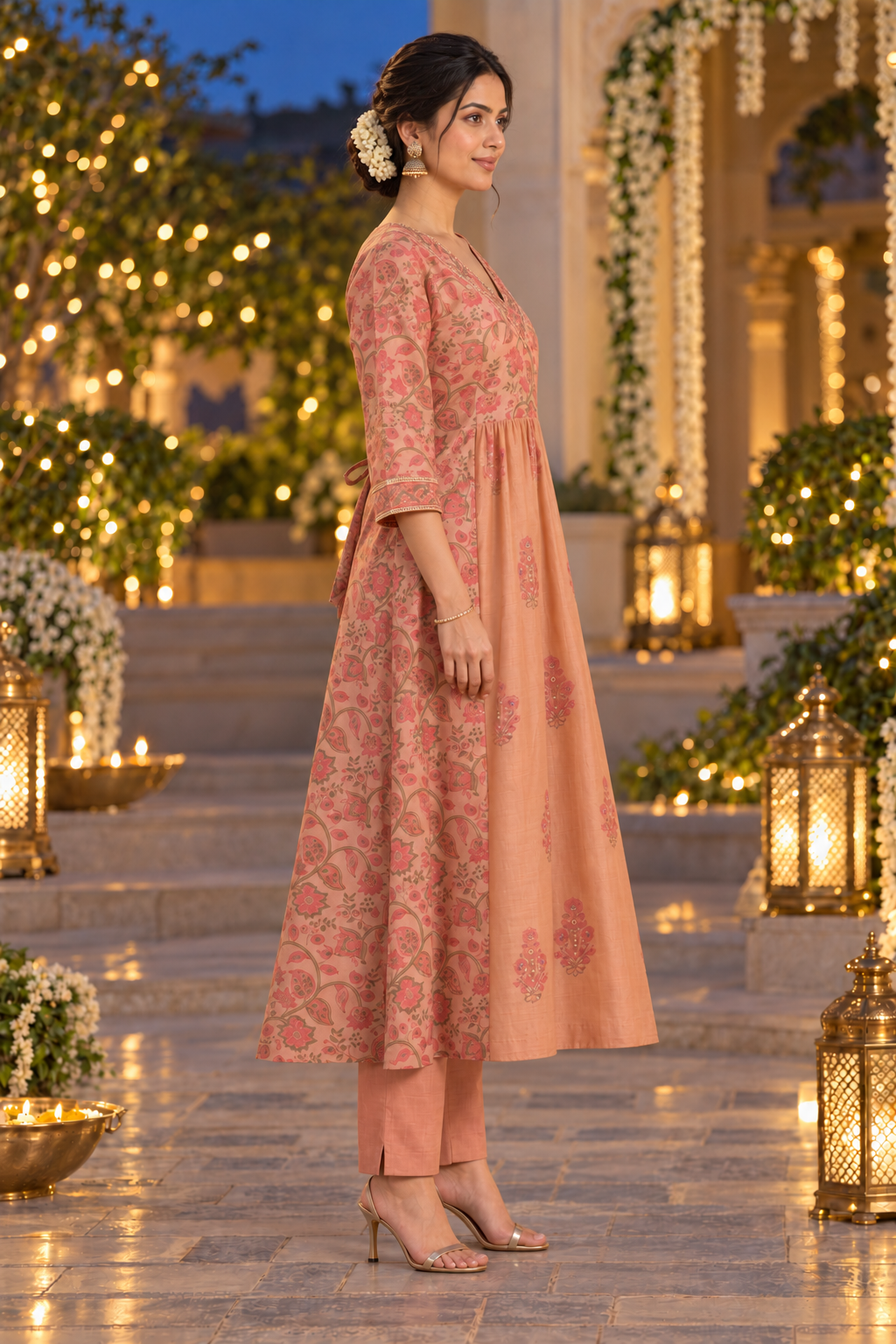 Rust Rose Chanderi Kurta Pant Set with Hand Block Print & Adda Embroidery