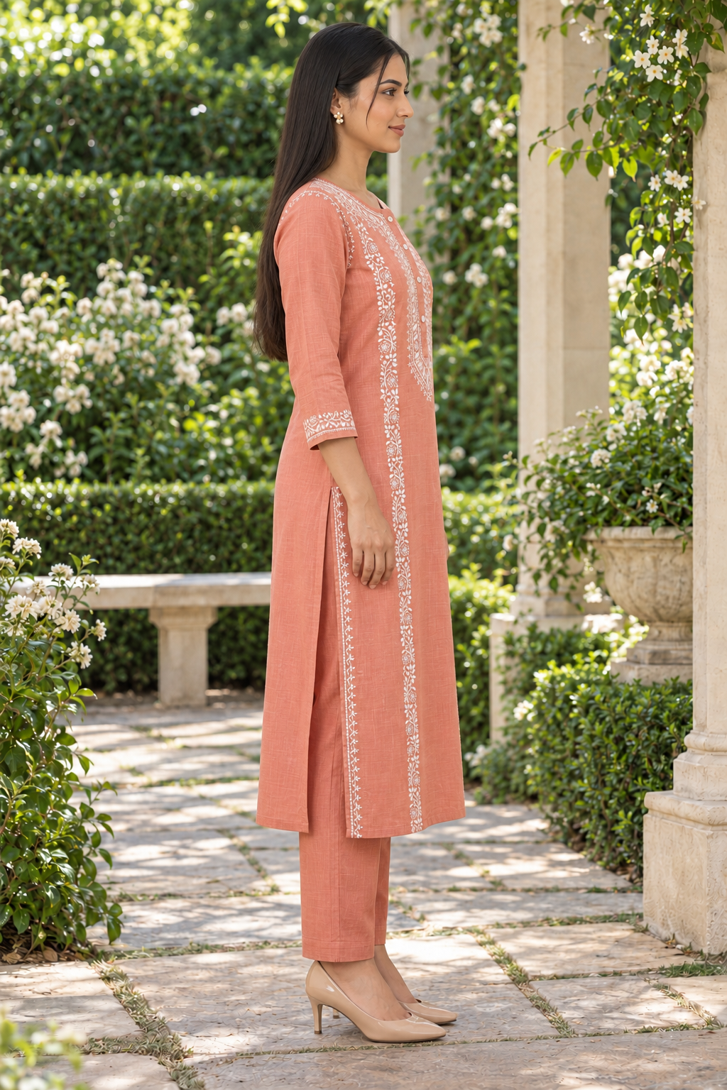 Peach Noor Hand Chikankari Cotton Slub Kurta Set