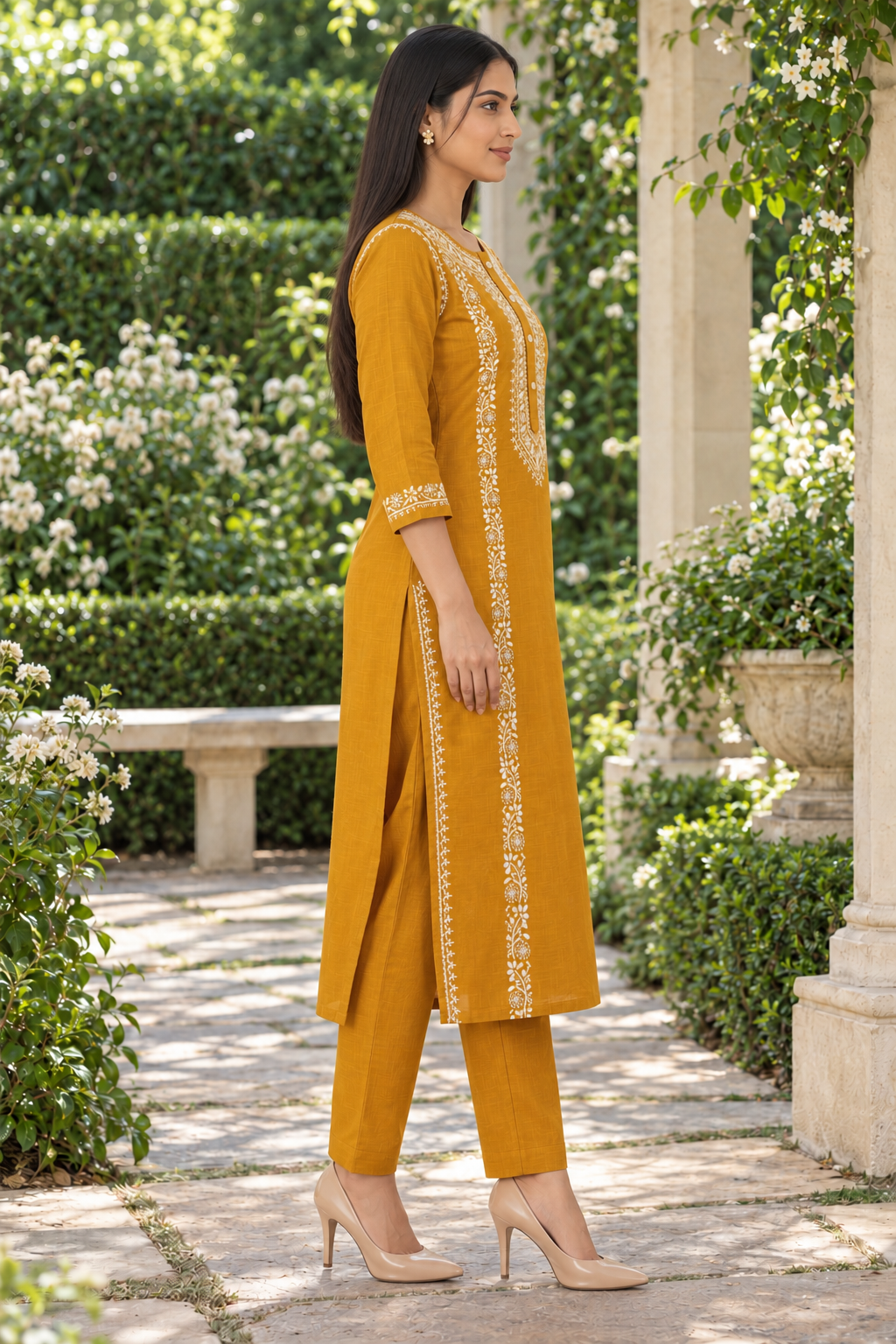 Mustard Zariya Hand Chikankari Cotton Slub Kurta Set