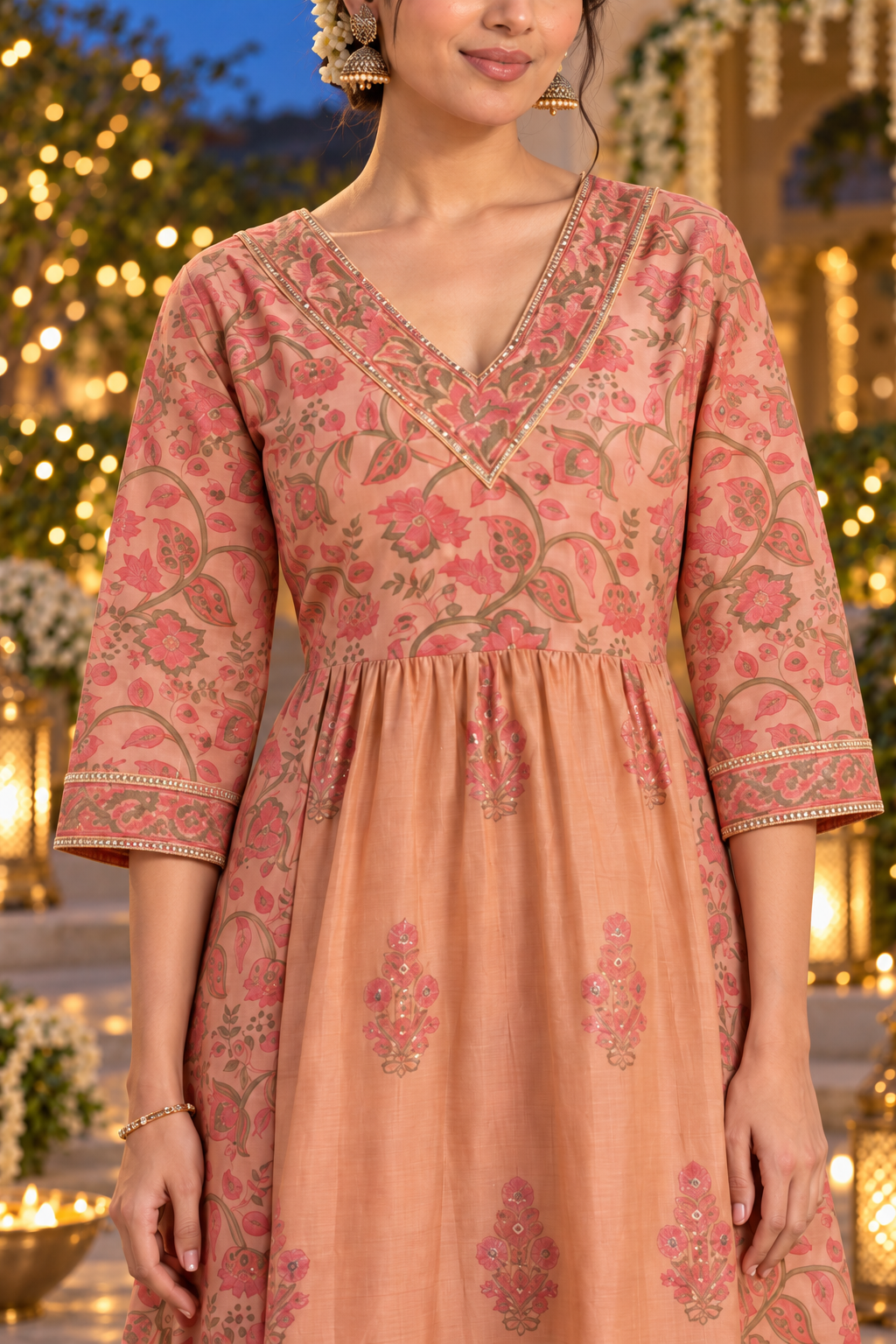 Rust Rose Chanderi Kurta Pant Set with Hand Block Print & Adda Embroidery