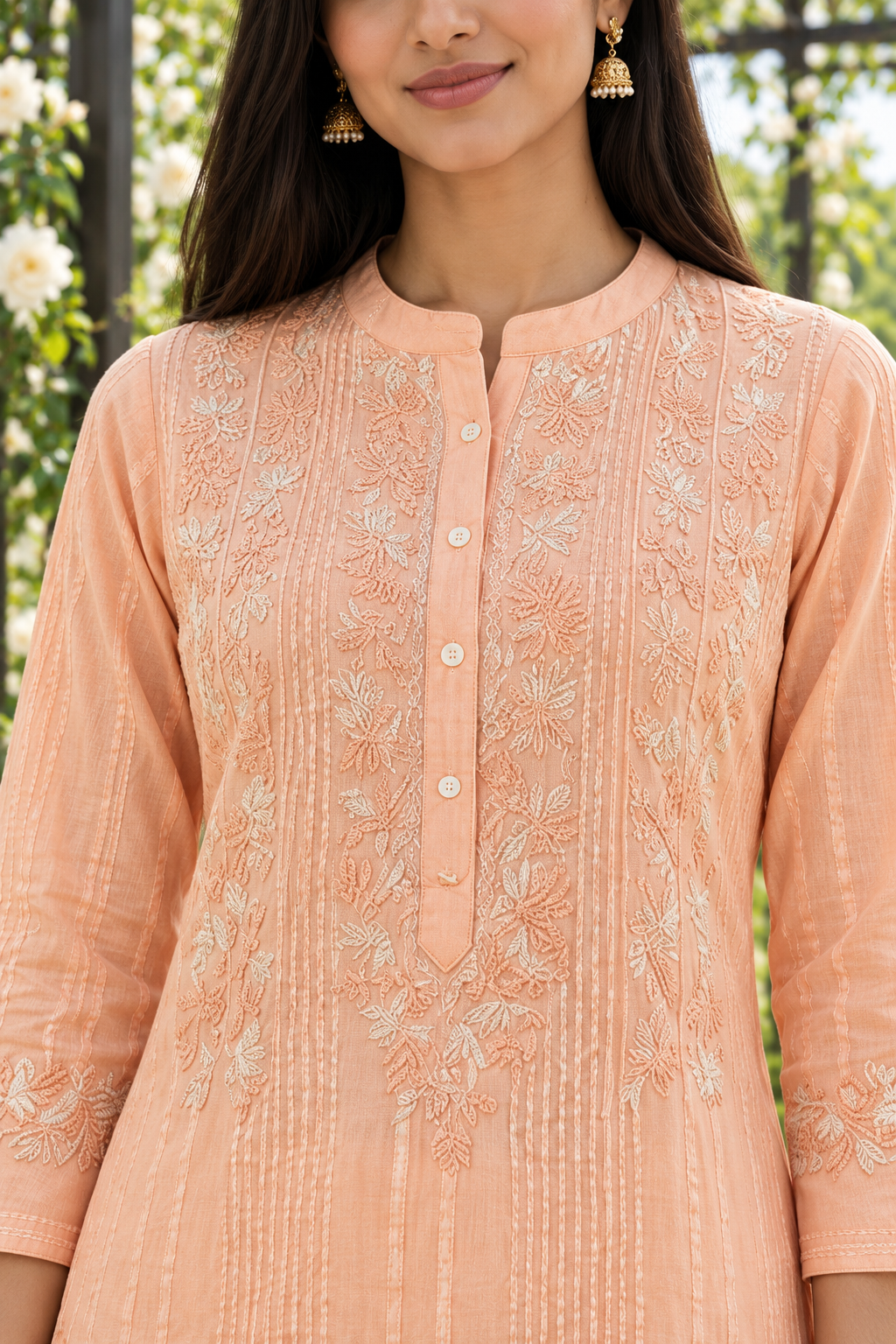 Peach Meher Chikankari Cotton Short Kurti