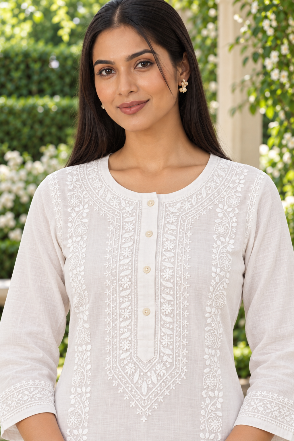 White Cotton Slub Kurta Set with Hand Chikan Embroidery