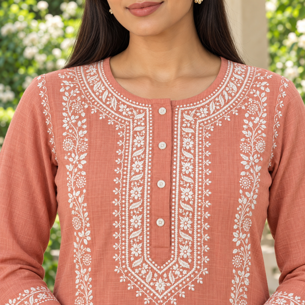 Peach Noor Hand Chikankari Cotton Slub Kurta Set
