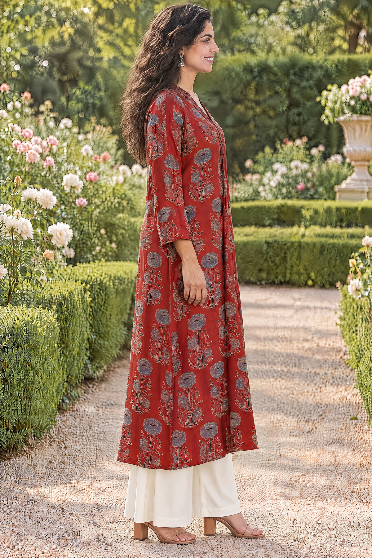 Rust Red Hand Ajrakh Print Kurta in Modal Satin