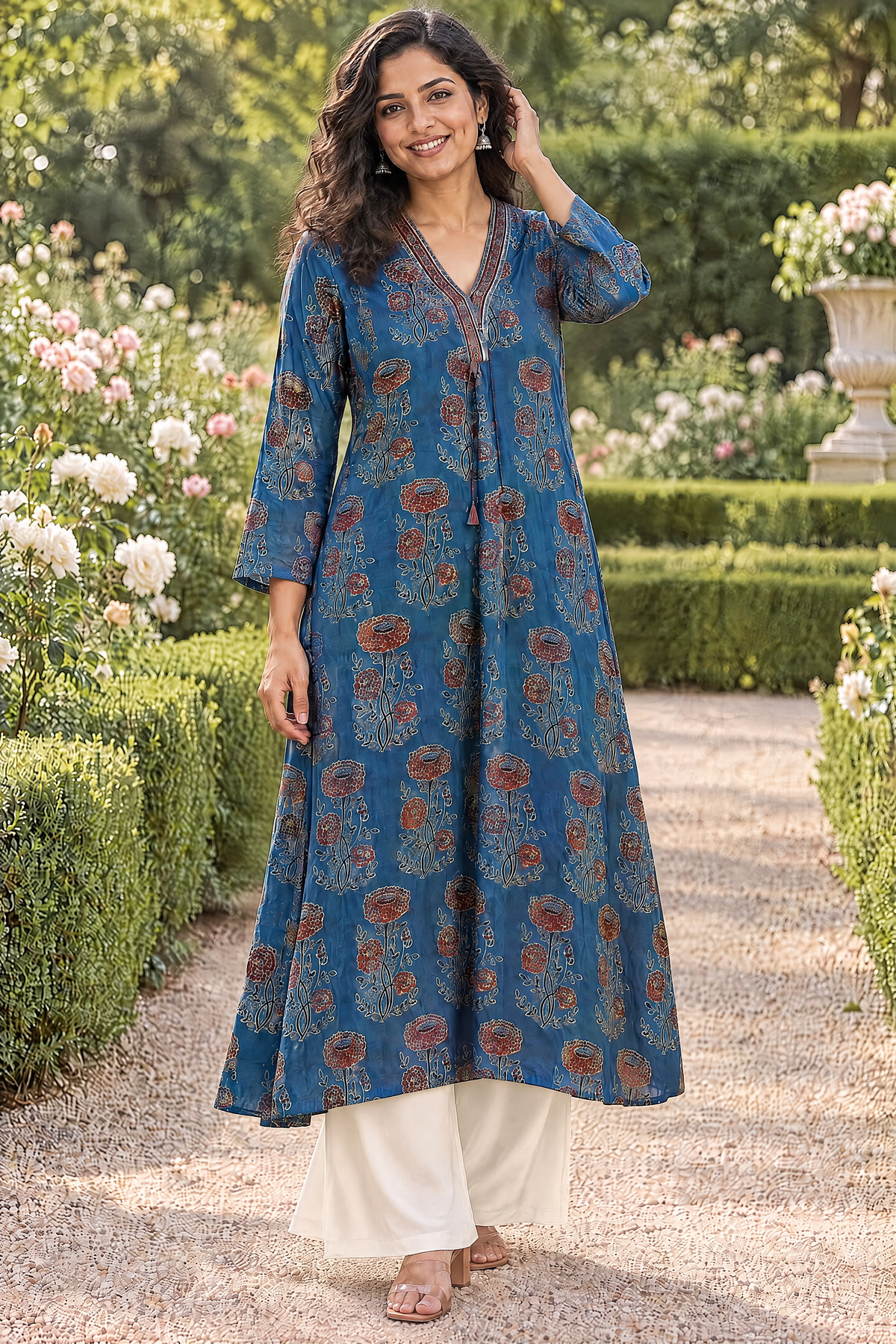 Blue Hand Ajrakh Print Kurta in Modal Satin