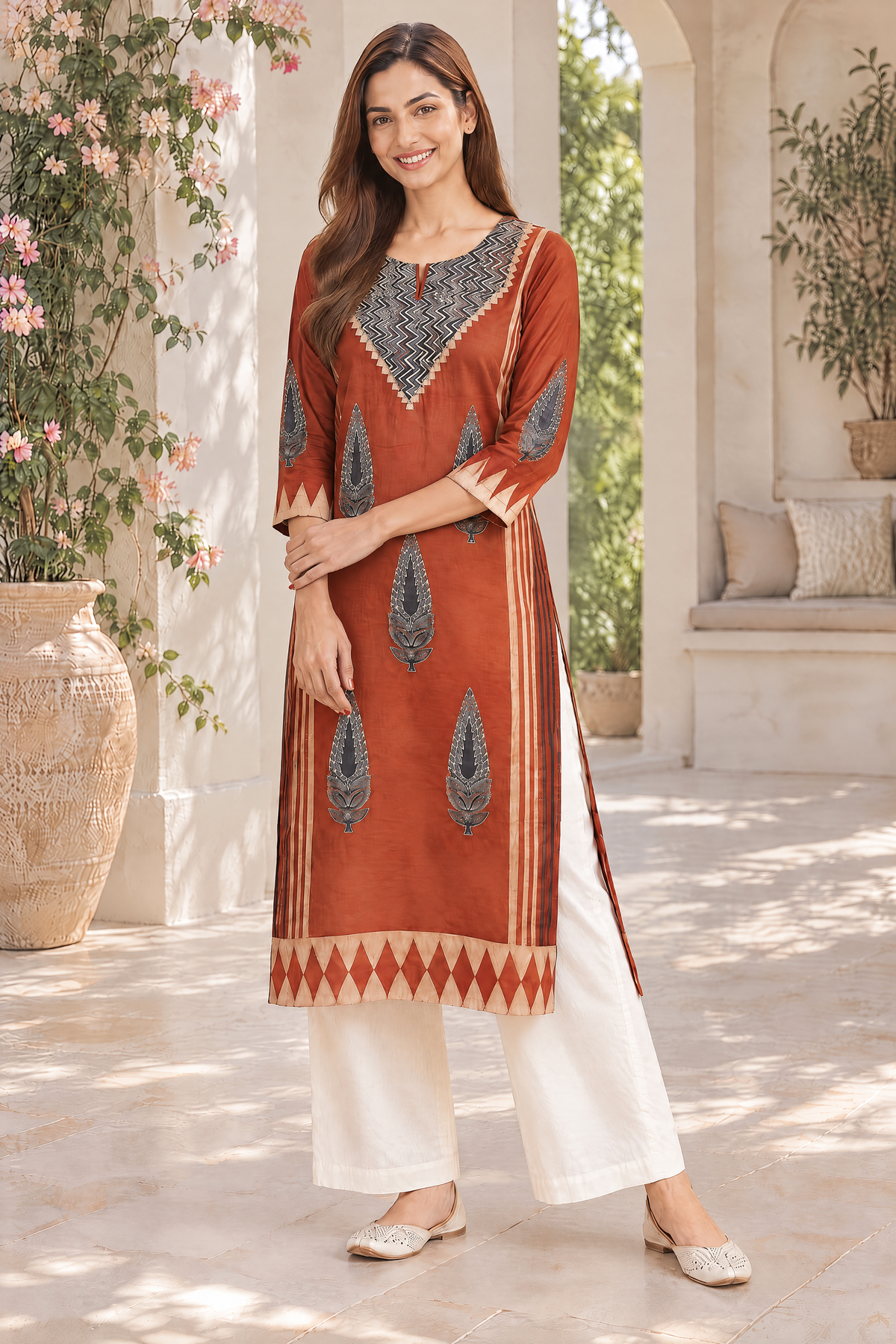 Rust Veena Ajrakh Modal Kurta