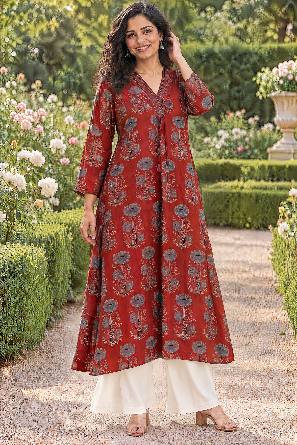 Rust Red Hand Ajrakh Print Kurta in Modal Satin