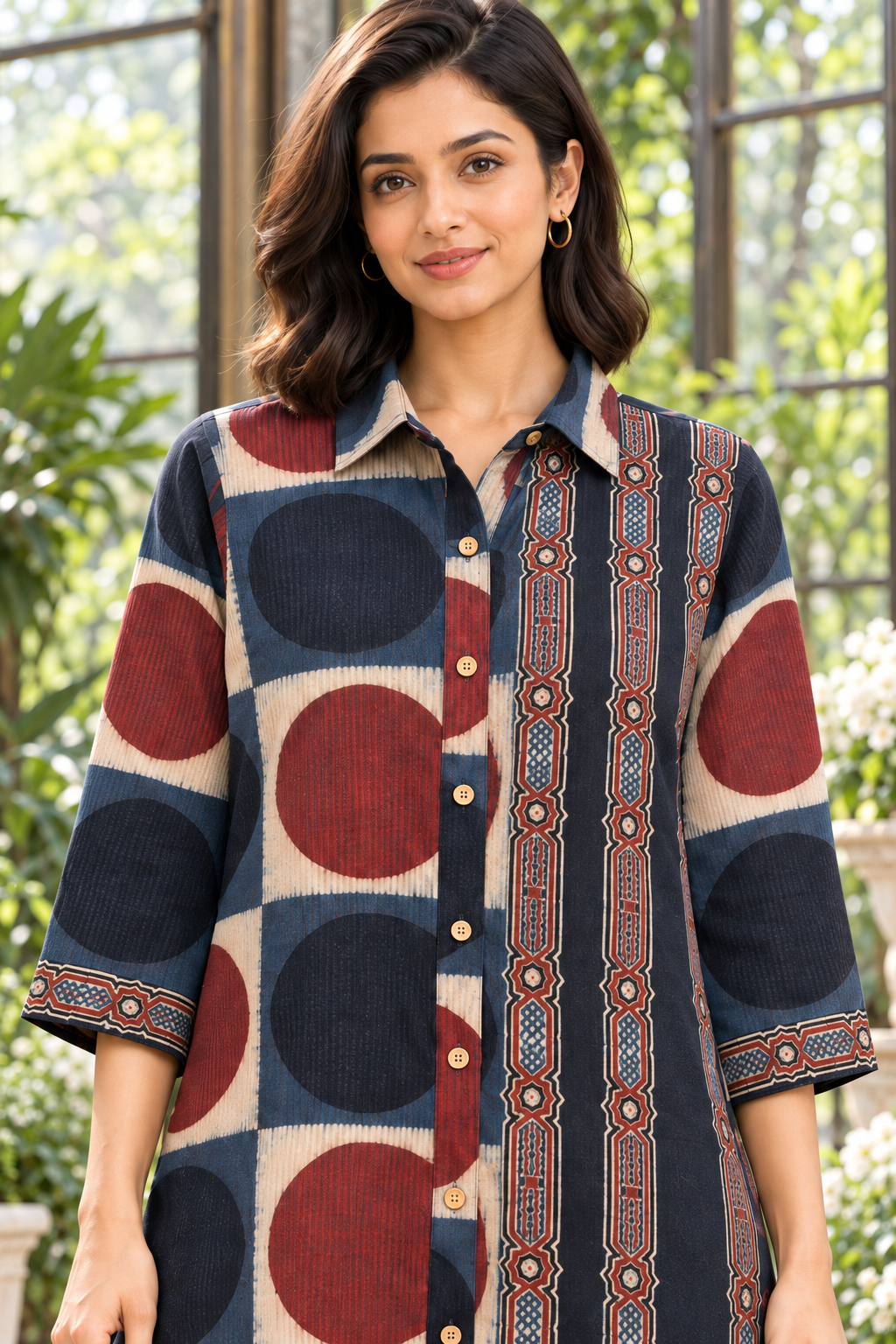 Indraneel Placement Ajrakh Cotton Dobby Shirt Dress