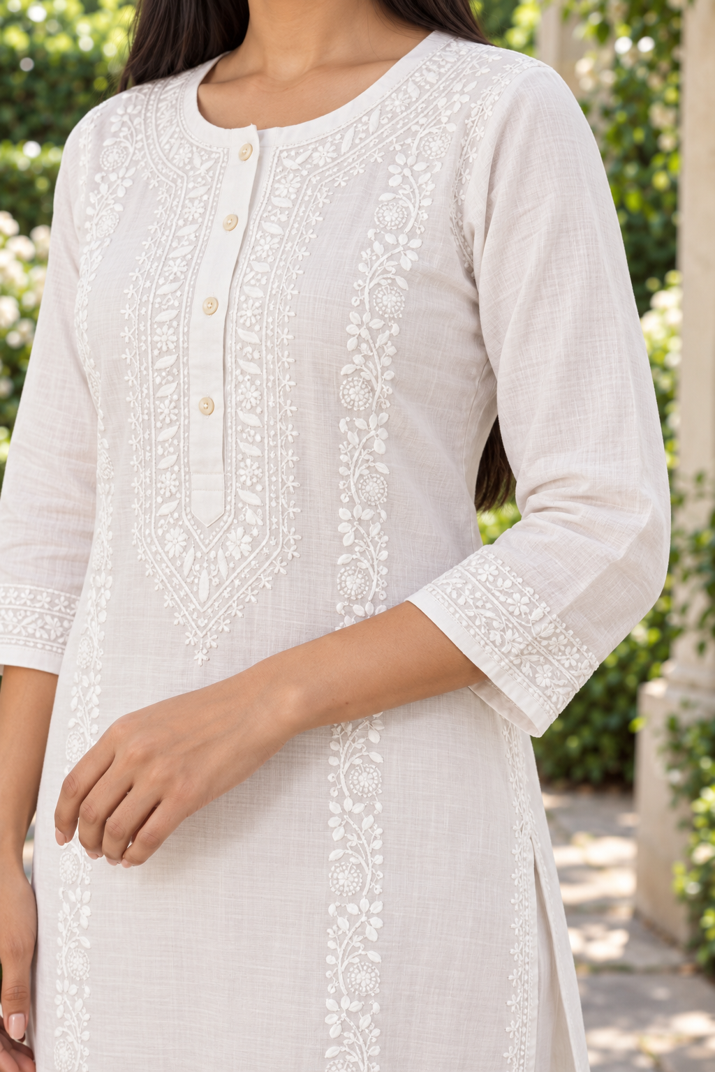 White Cotton Slub Kurta Set with Hand Chikan Embroidery