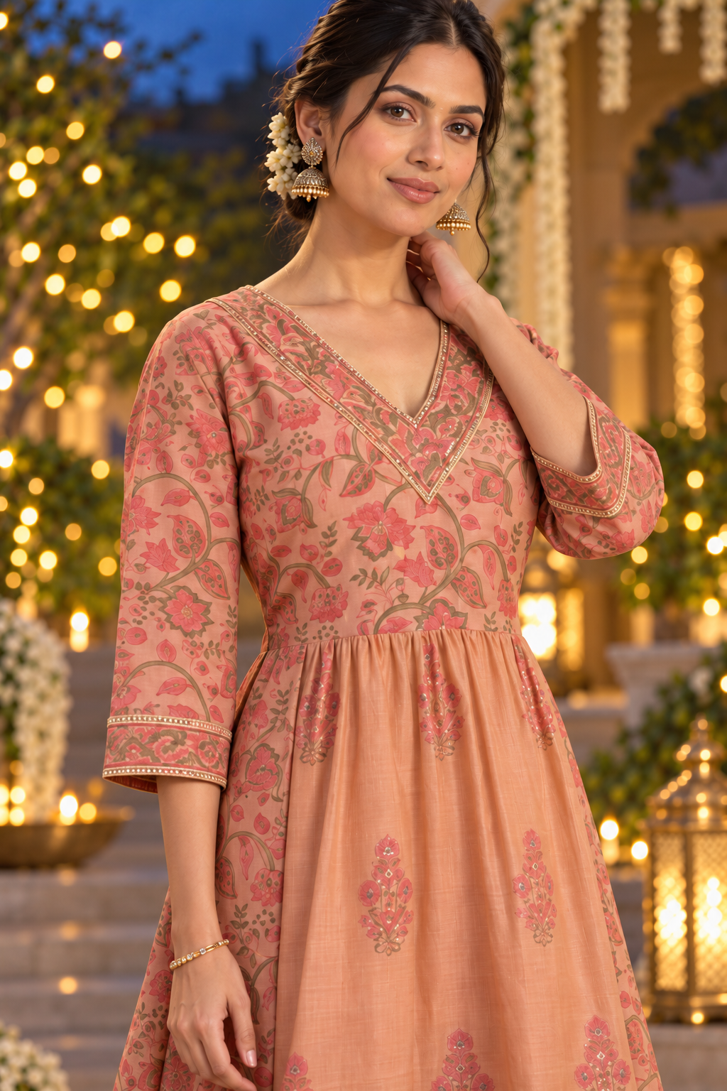 Rust Rose Chanderi Kurta Pant Set with Hand Block Print & Adda Embroidery