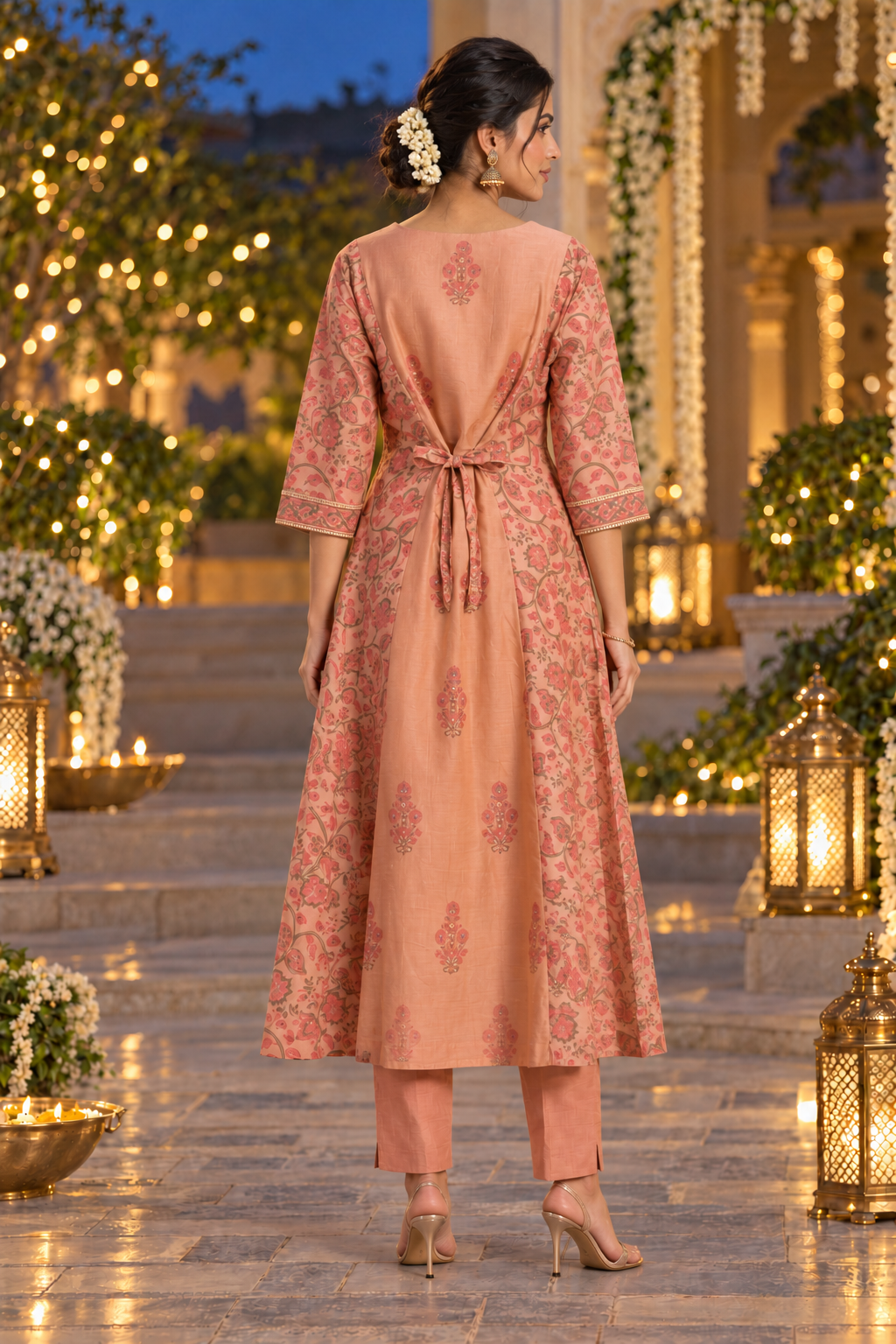 Rust Rose Chanderi Kurta Pant Set with Hand Block Print & Adda Embroidery