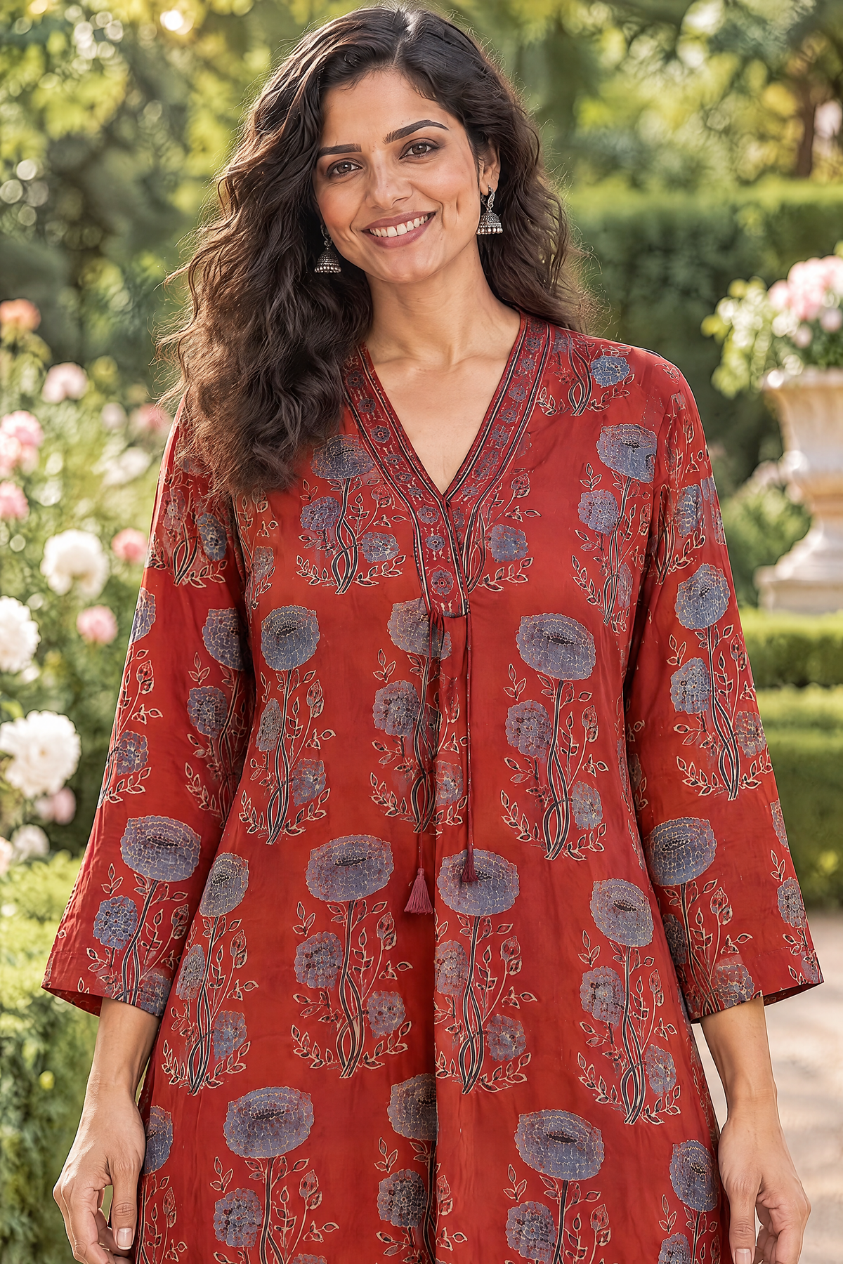 Rust Red Hand Ajrakh Print Kurta in Modal Satin