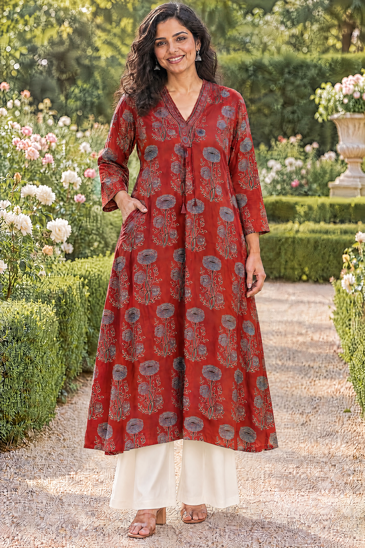 Rust Red Hand Ajrakh Print Kurta in Modal Satin