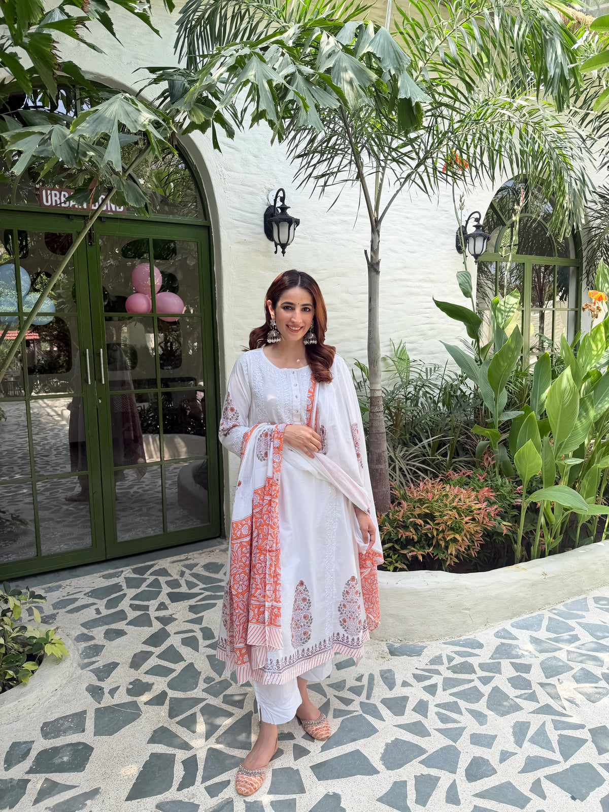 White & Peach Kurta & Dupatta Set with Hand Chikan Embroidery and Placement Block Print