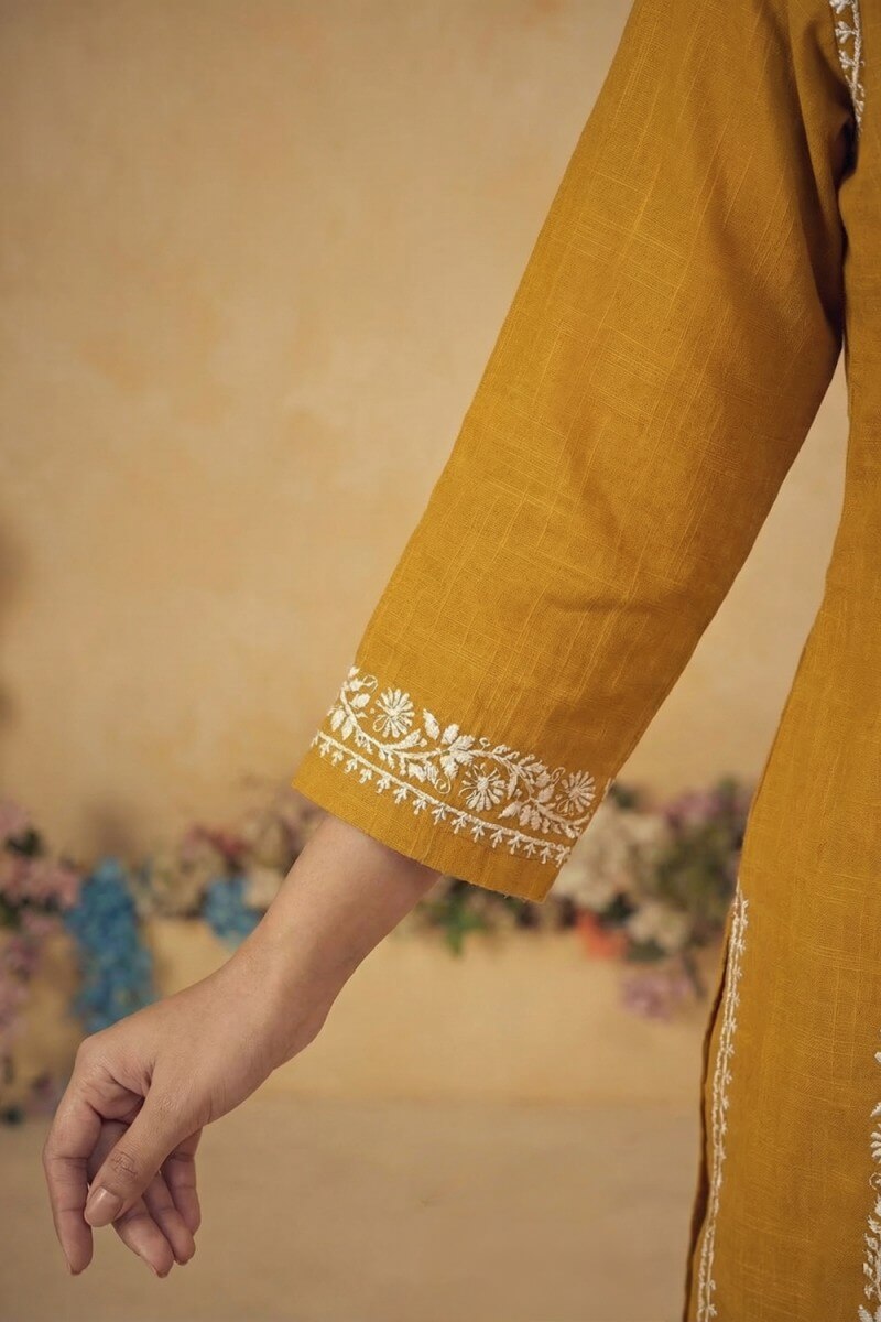 Mustard Zariya Hand Chikankari Cotton Slub Kurta Set