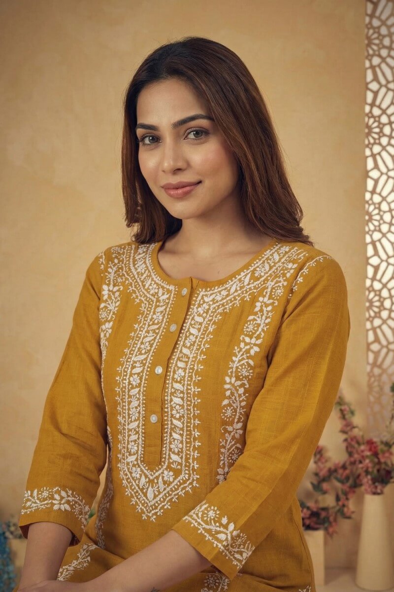Mustard Zariya Hand Chikankari Cotton Slub Kurta Set