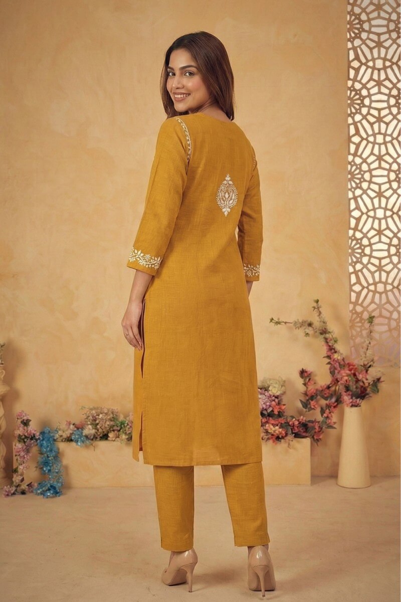 Mustard Zariya Hand Chikankari Cotton Slub Kurta Set