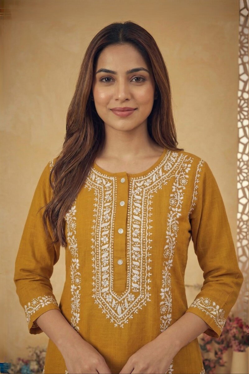 Mustard Zariya Hand Chikankari Cotton Slub Kurta Set