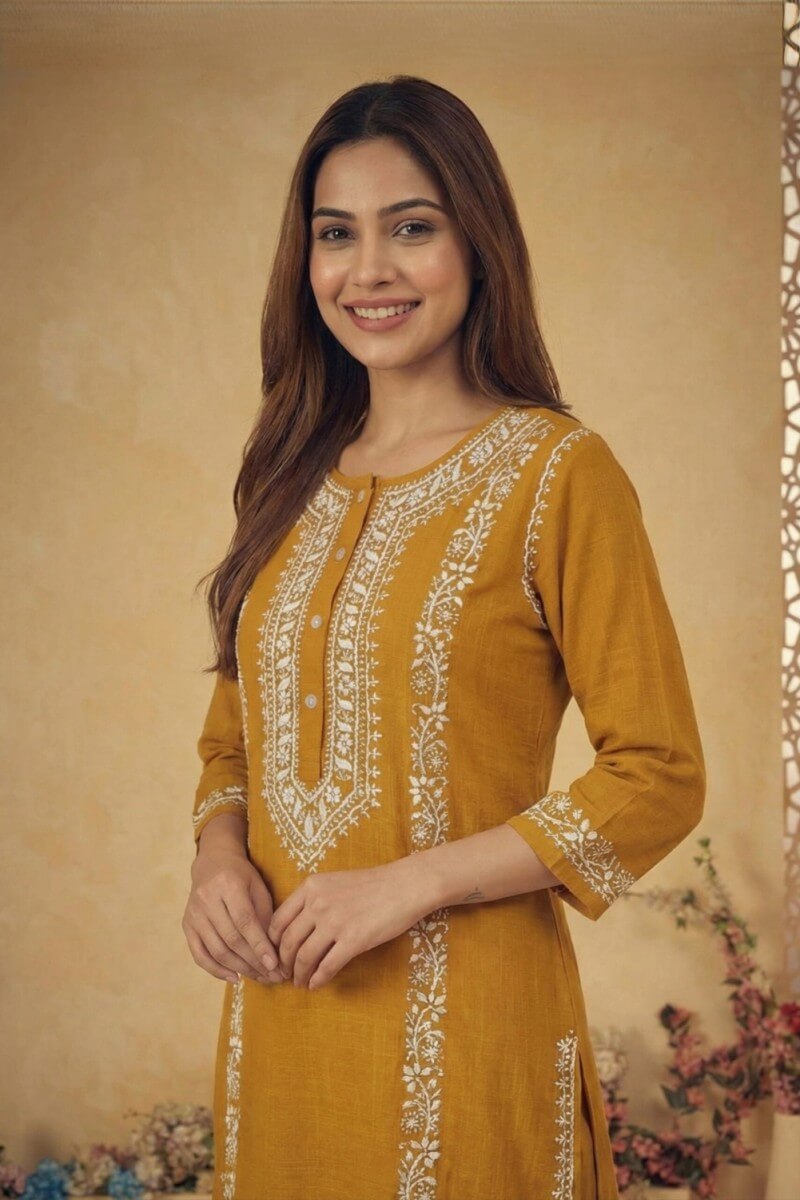 Mustard Zariya Hand Chikankari Cotton Slub Kurta Set