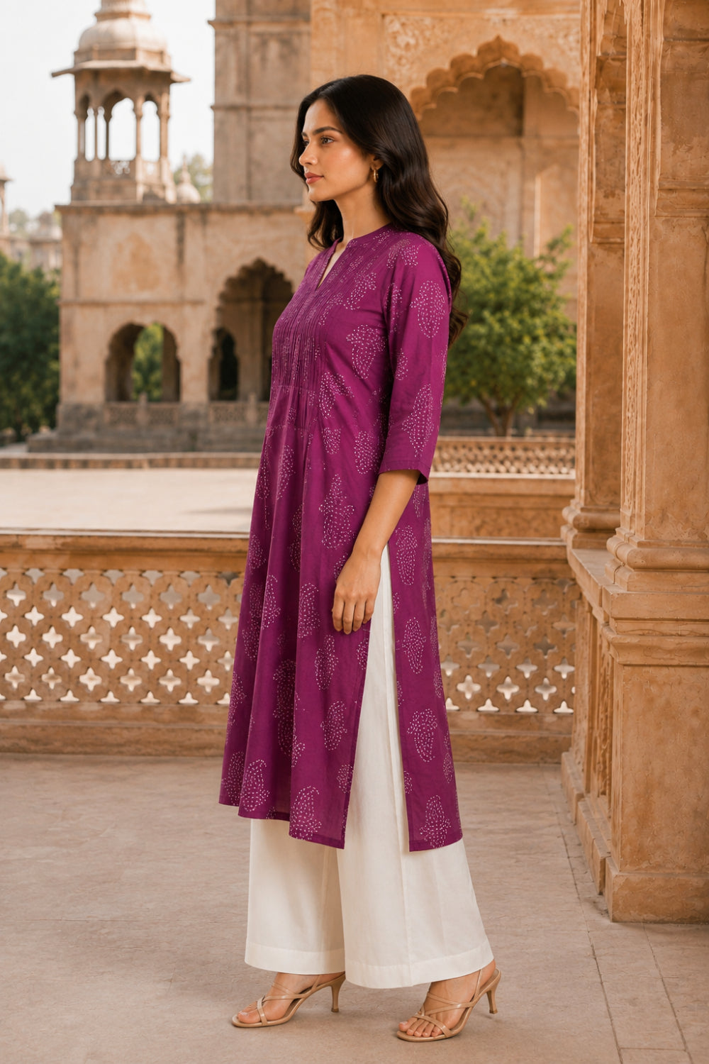 Pink Buti Hand Screen Print Pintuck Cotton Kurta
