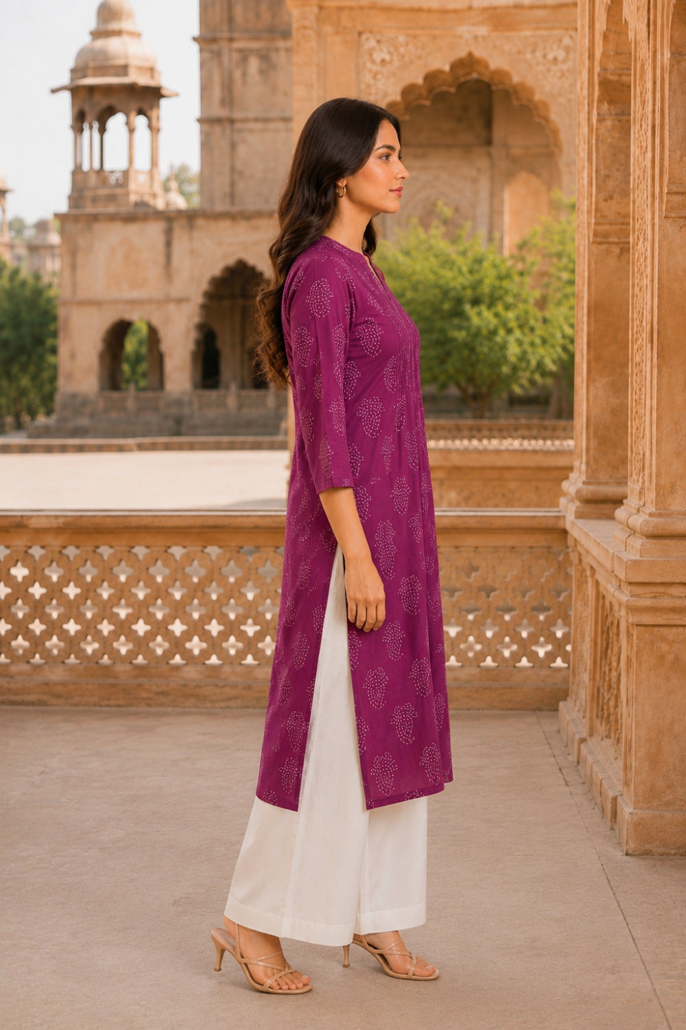 Pink Buti Hand Screen Print Pintuck Cotton Kurta