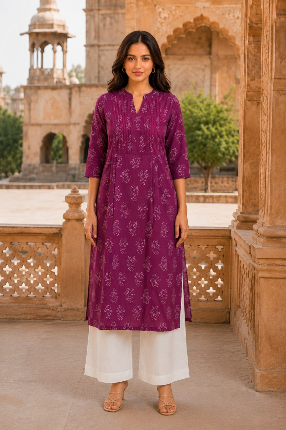 Pink Buti Hand Screen Print Pintuck Cotton Kurta
