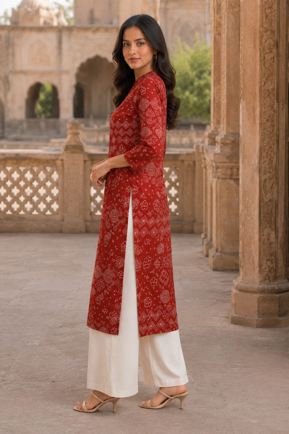 Red Hand Screen Print Pintuck Cotton Kurta