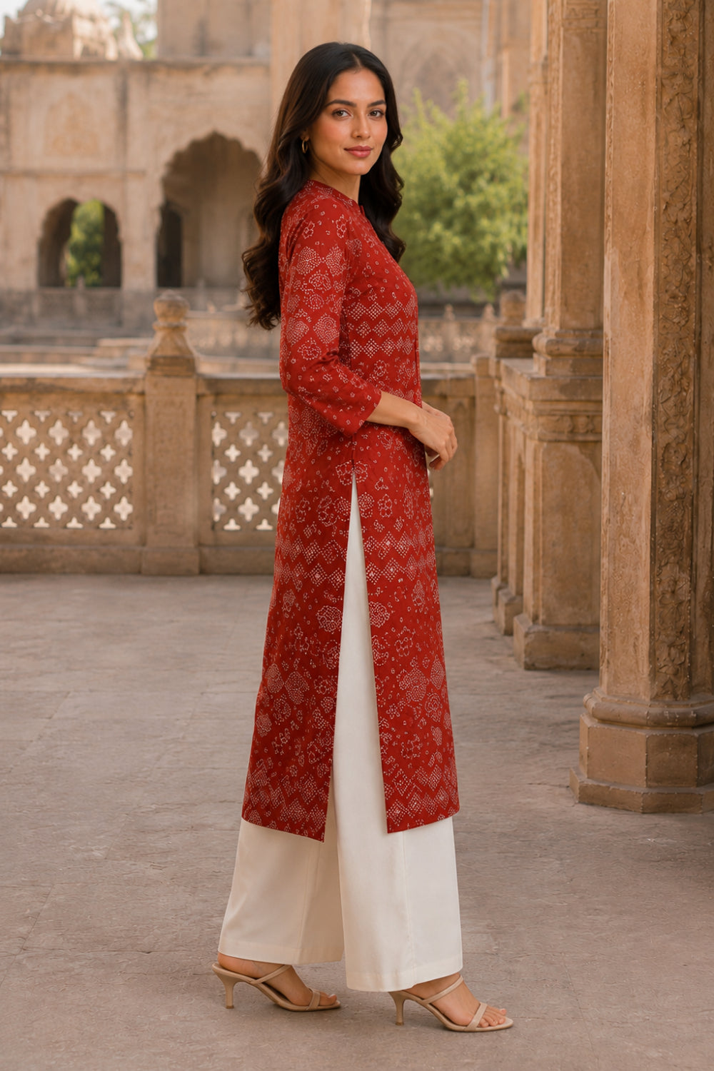 Red Hand Screen Print Pintuck Cotton Kurta