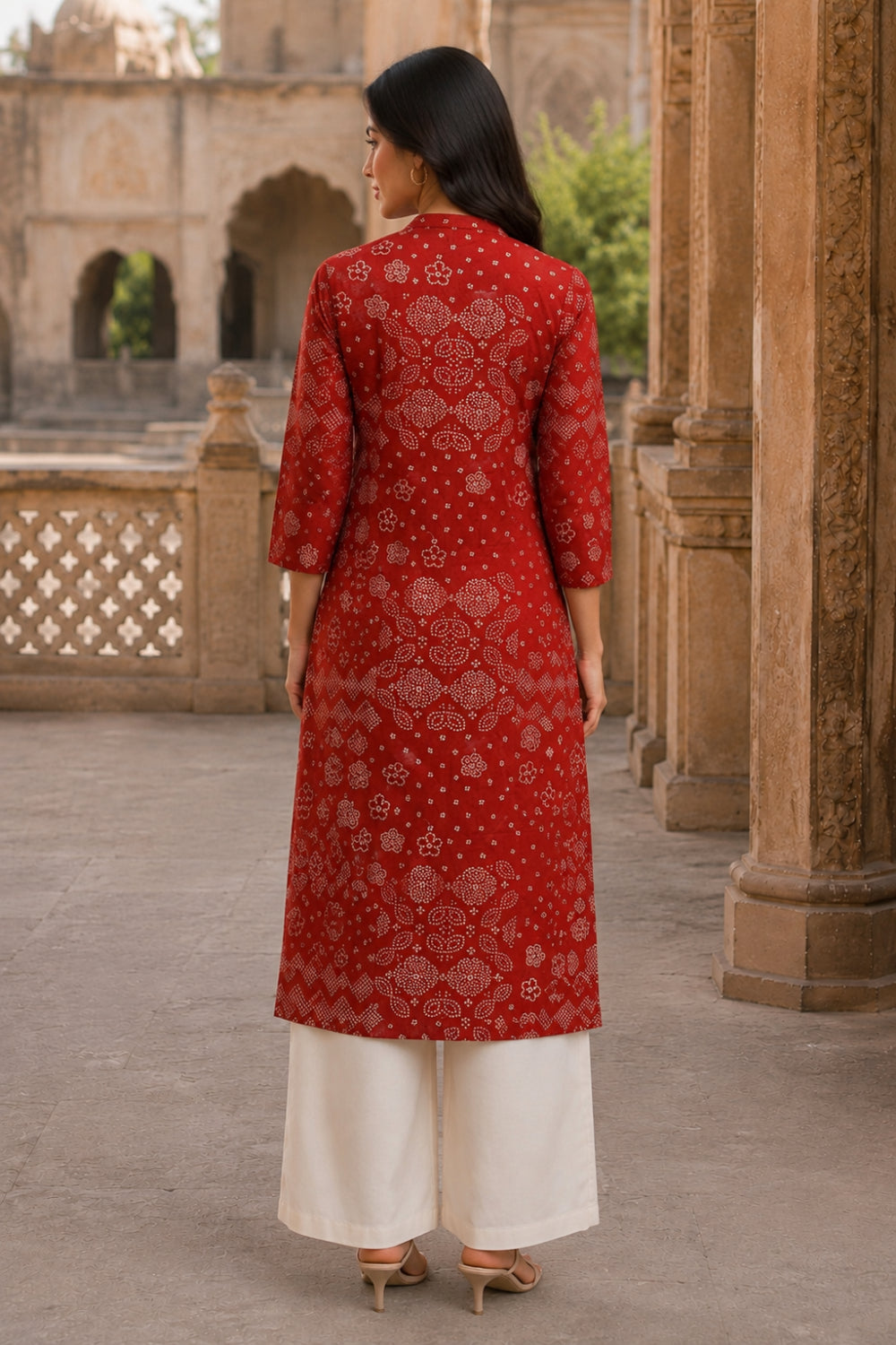 Red Hand Screen Print Pintuck Cotton Kurta