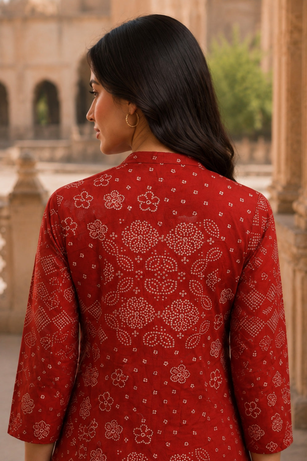 Red Hand Screen Print Pintuck Cotton Kurta
