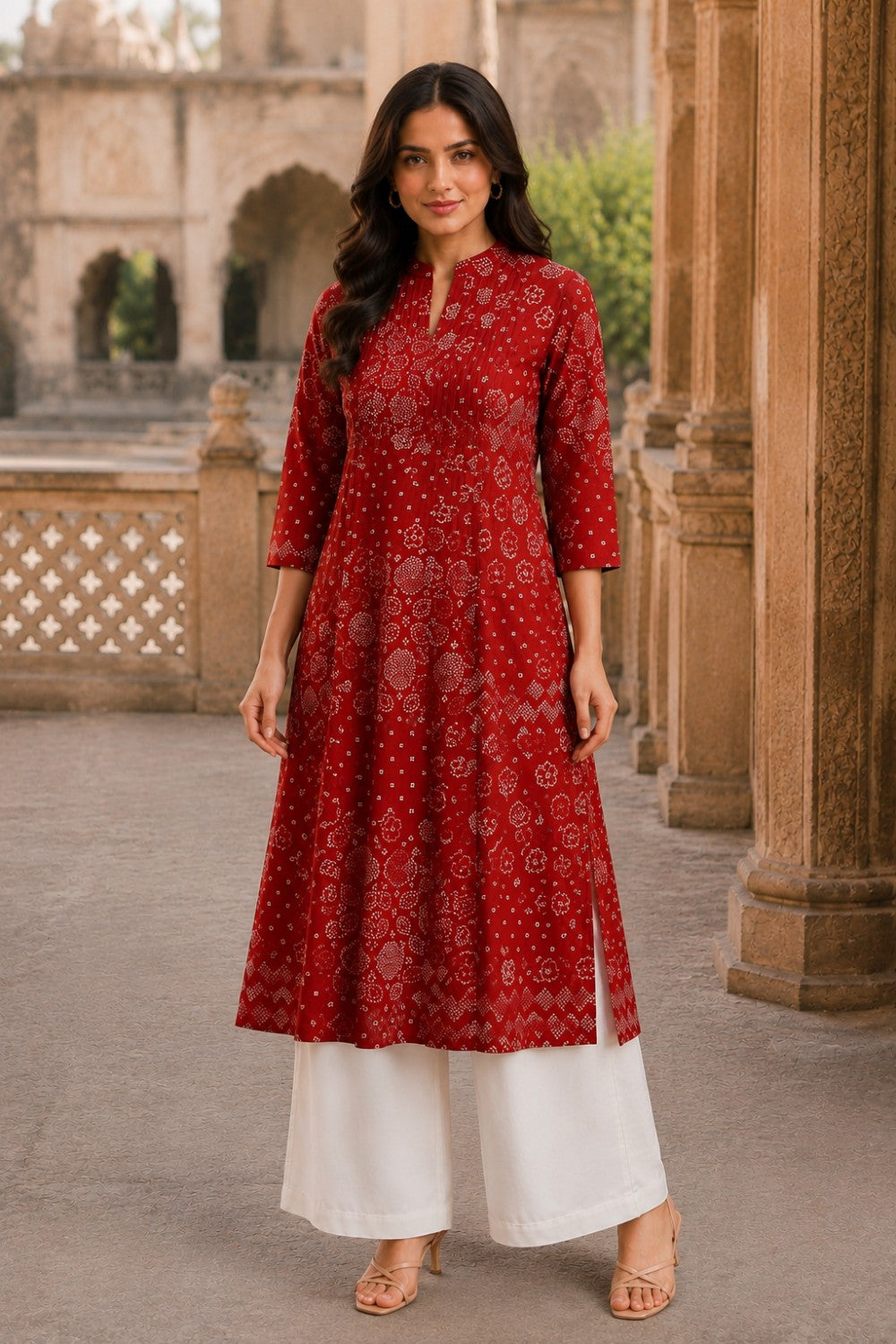 Red Hand Screen Print Pintuck Cotton Kurta