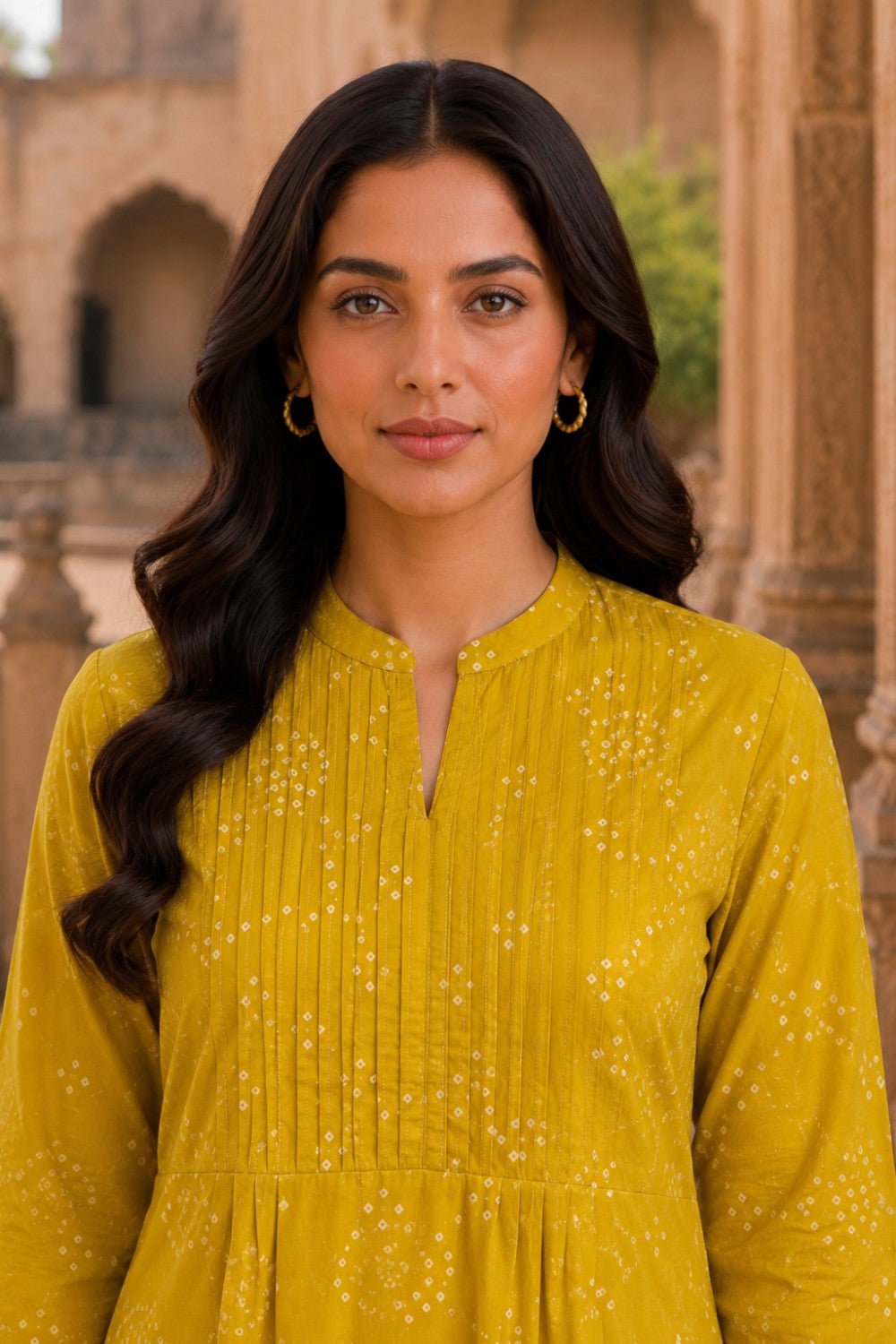 Yellow Hand Screen Print Pintuck Cotton Kurta