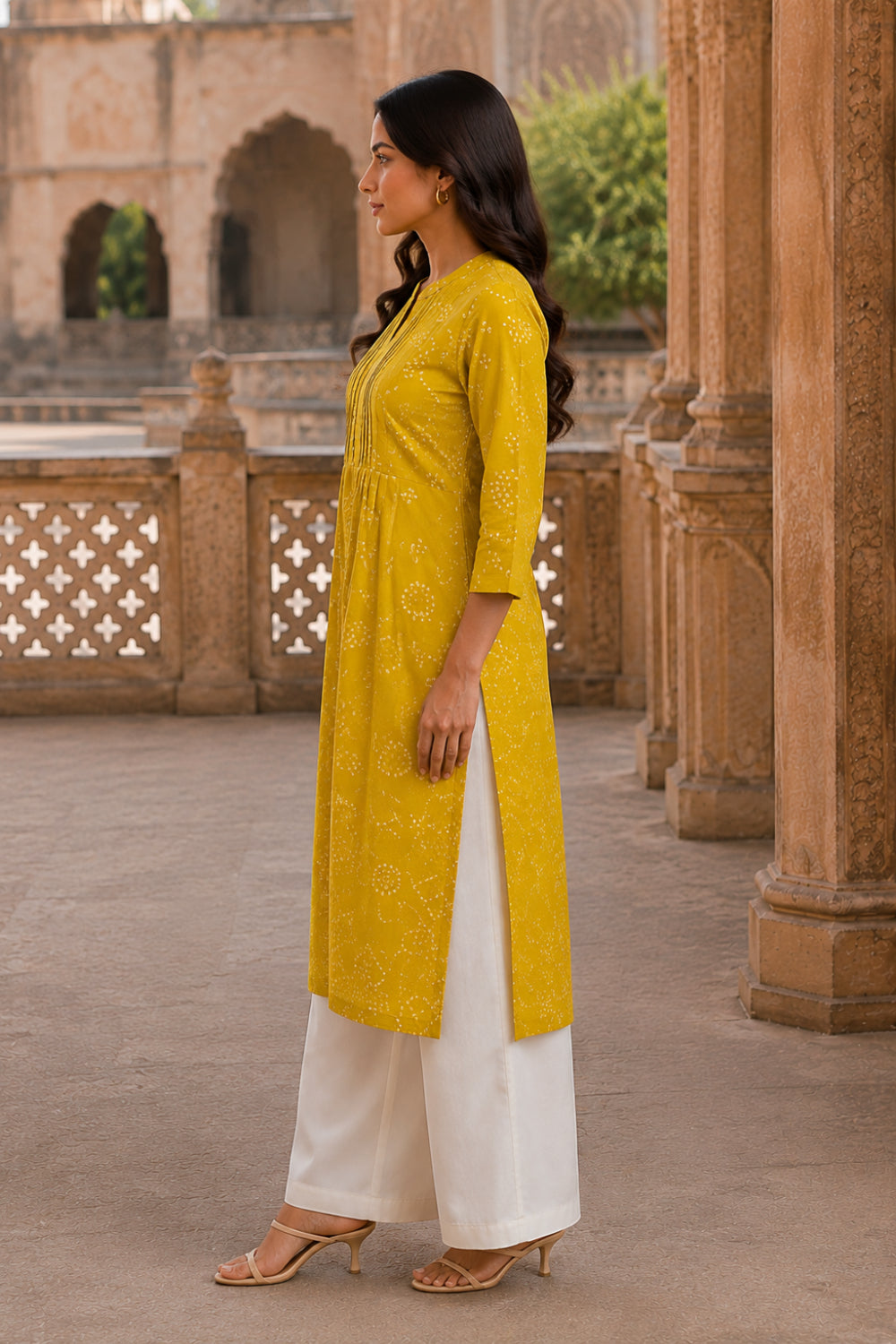Yellow Hand Screen Print Pintuck Cotton Kurta