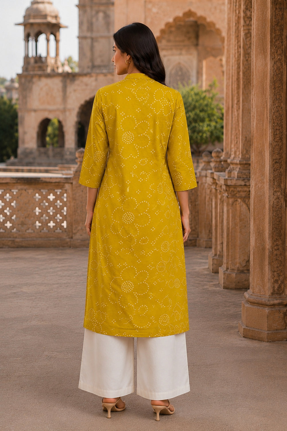 Yellow Hand Screen Print Pintuck Cotton Kurta