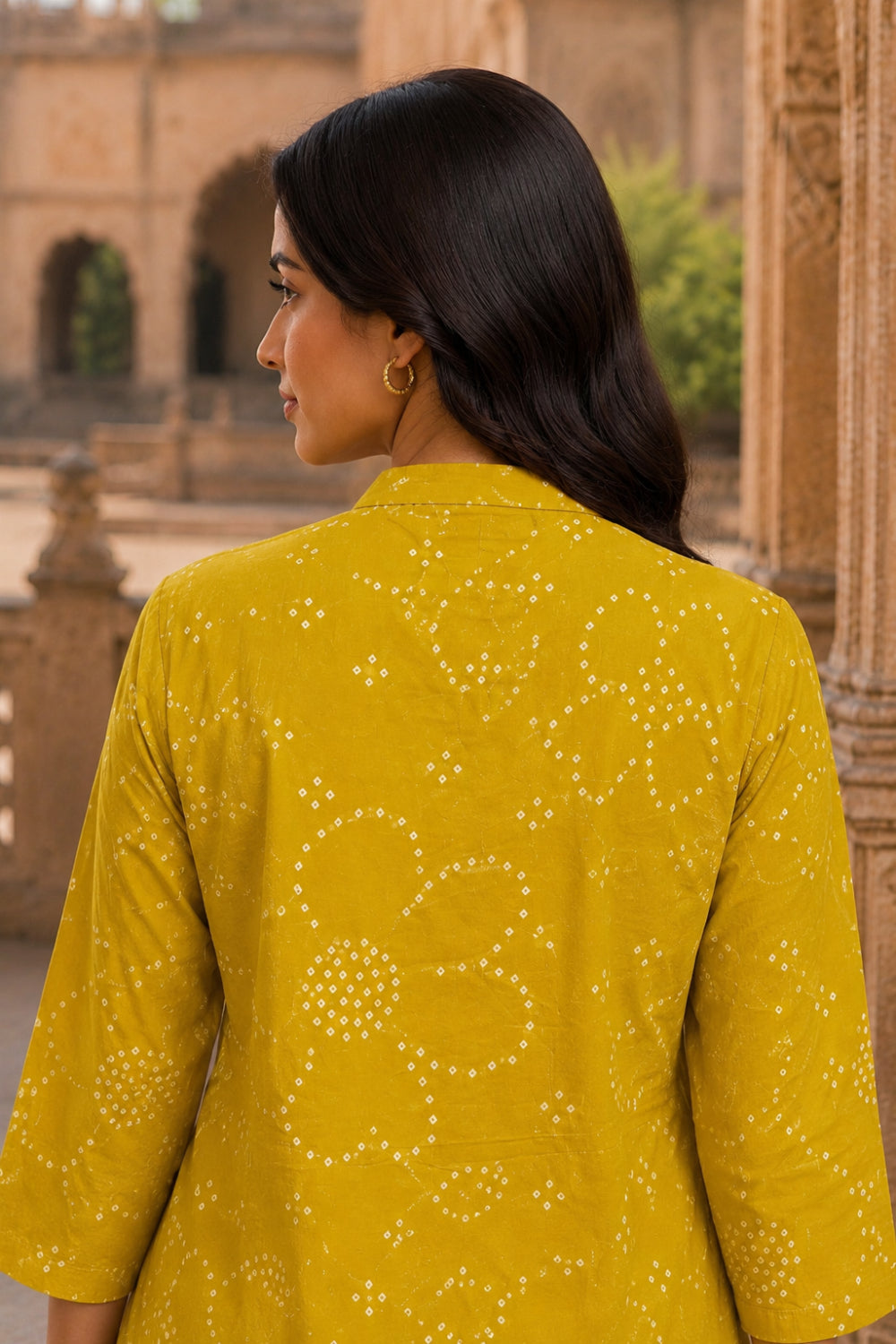 Yellow Hand Screen Print Pintuck Cotton Kurta