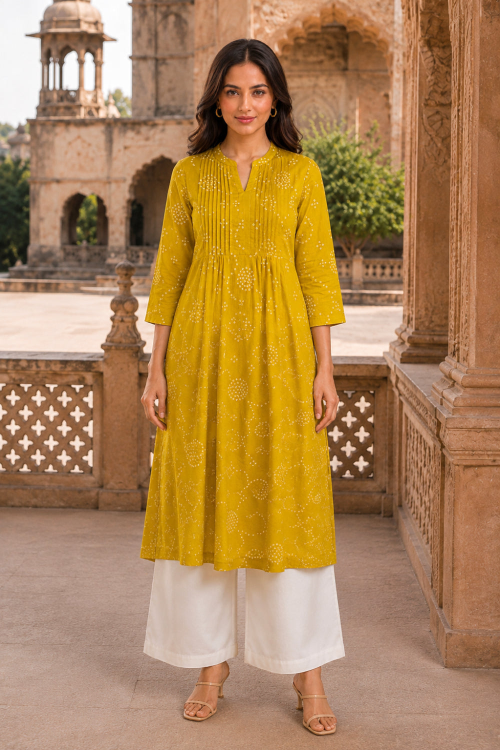 Yellow Hand Screen Print Pintuck Cotton Kurta