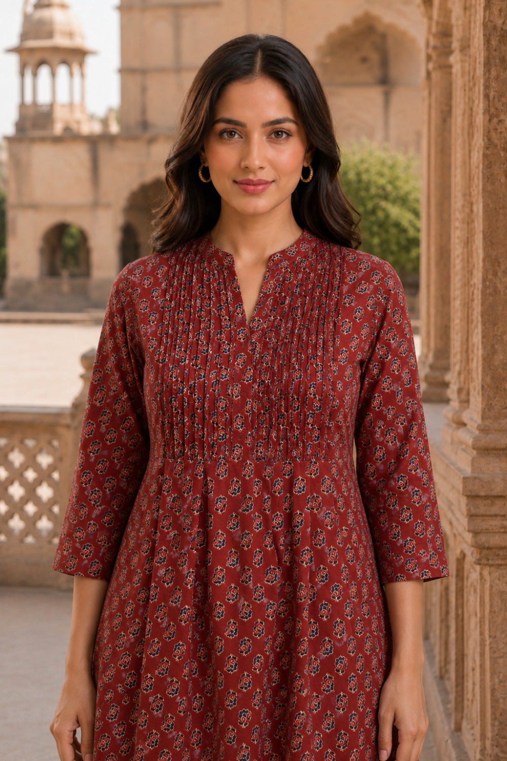 Maroon Hand Screen Print Pintuck Cotton Kurta