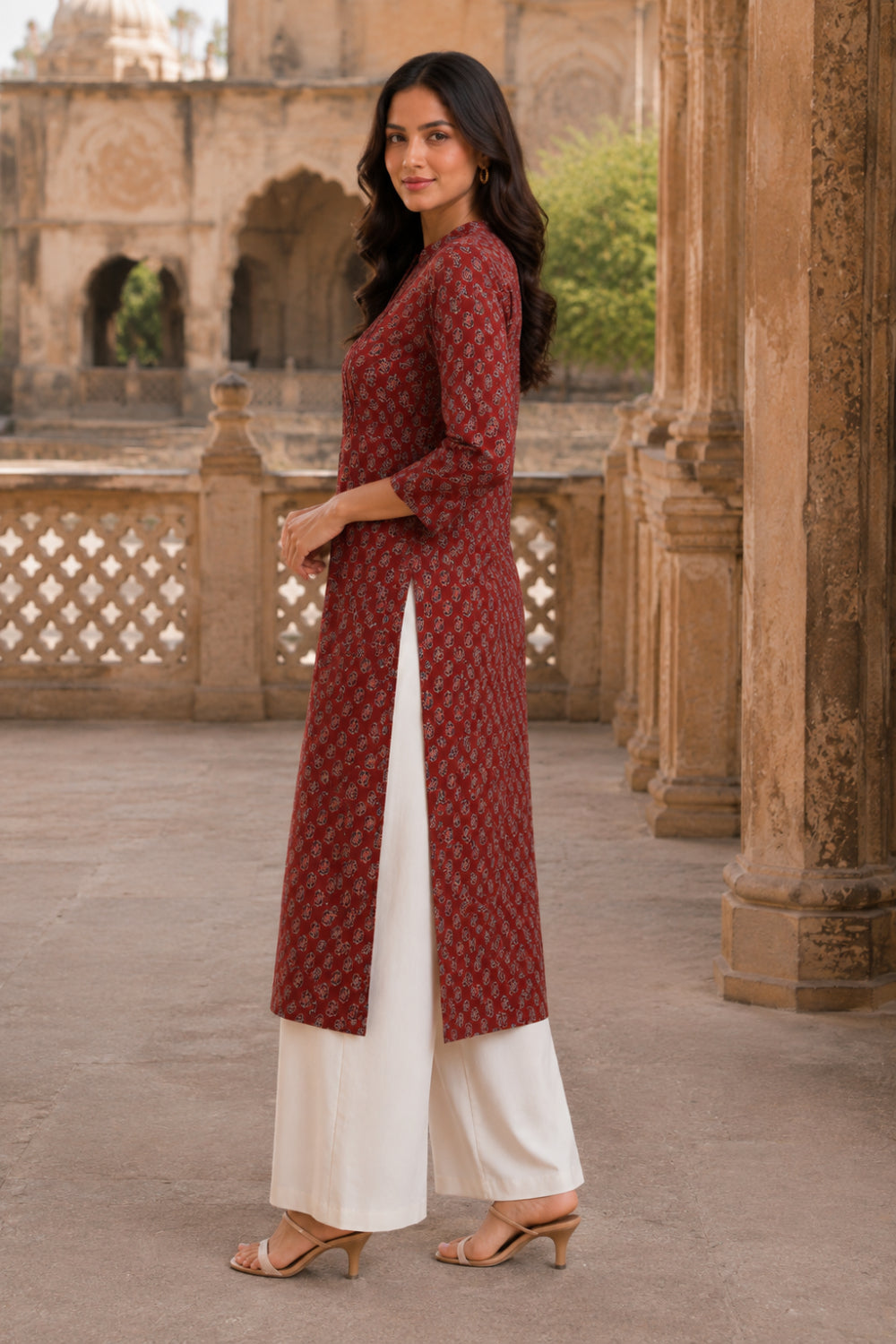 Maroon Hand Screen Print Pintuck Cotton Kurta
